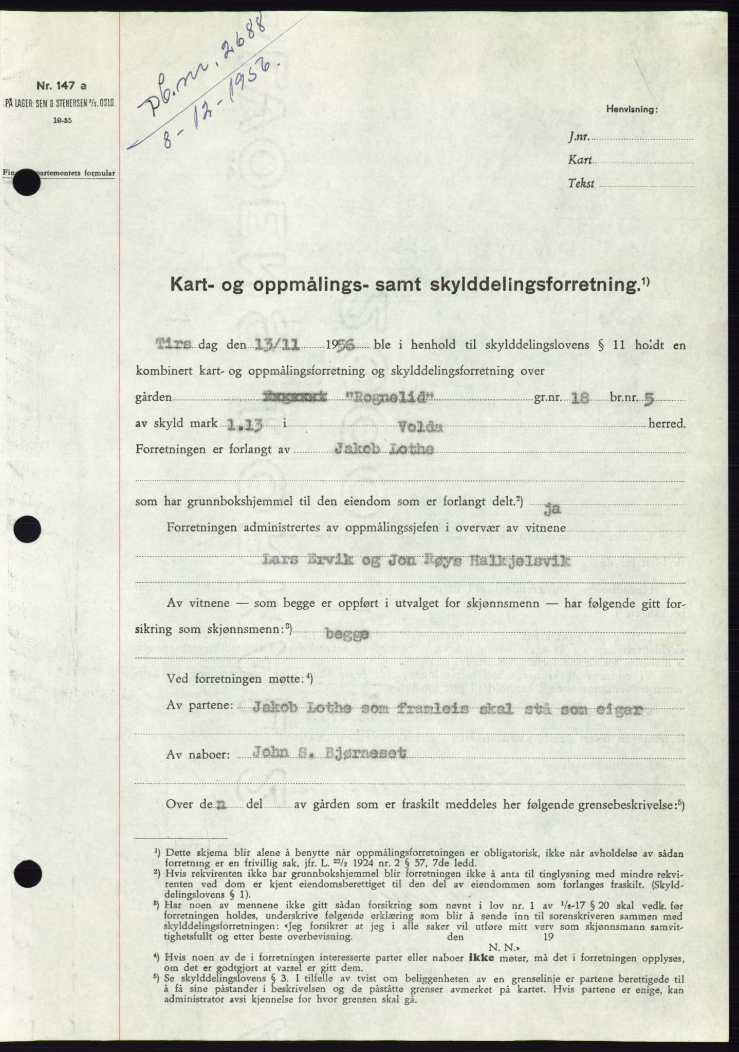 Søre Sunnmøre sorenskriveri, AV/SAT-A-4122/1/2/2C/L0105: Mortgage book no. 31A, 1956-1957, Diary no: : 2688/1956