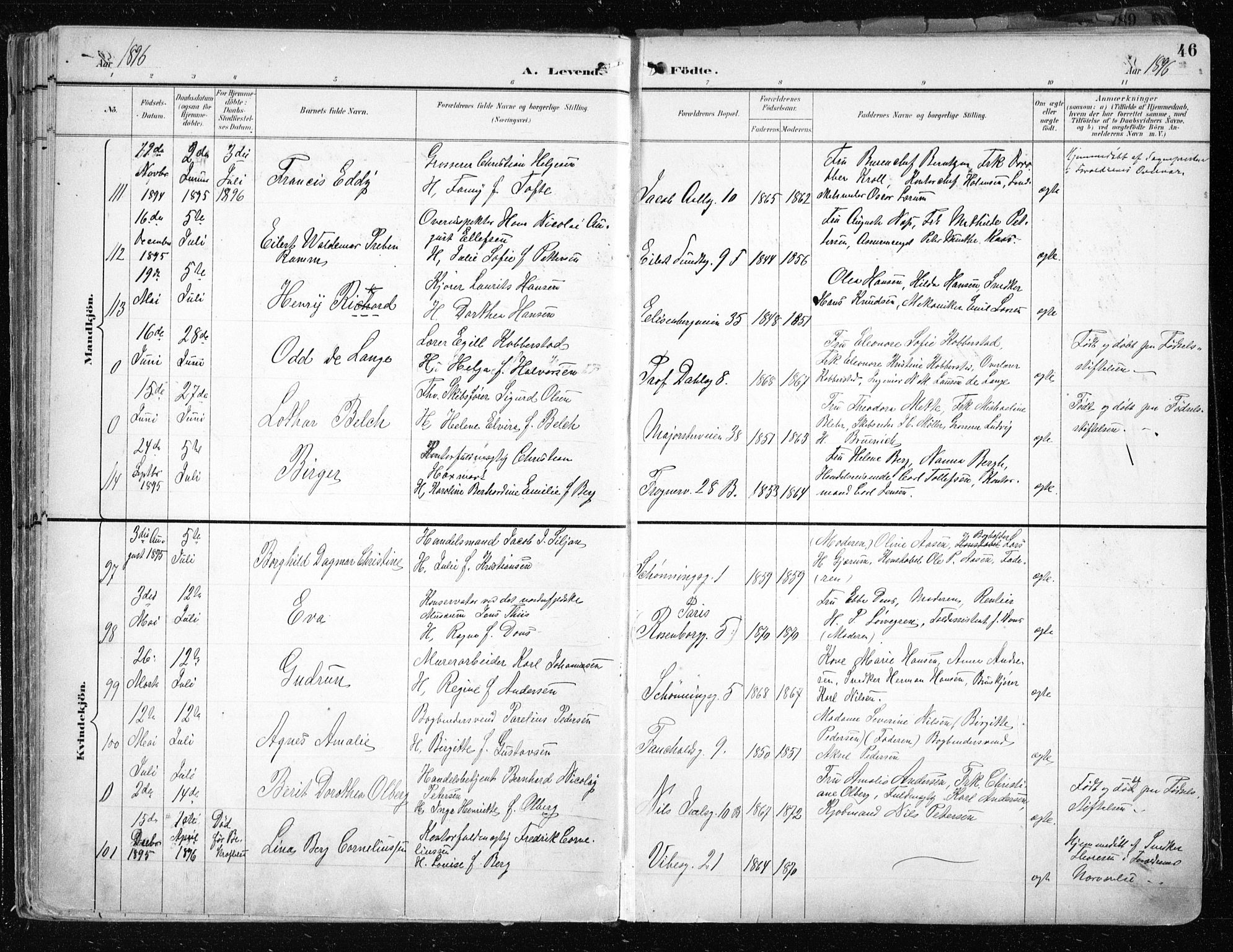Uranienborg prestekontor Kirkebøker, SAO/A-10877/F/Fa/L0005: Parish register (official) no. 5, 1895-1907, p. 46