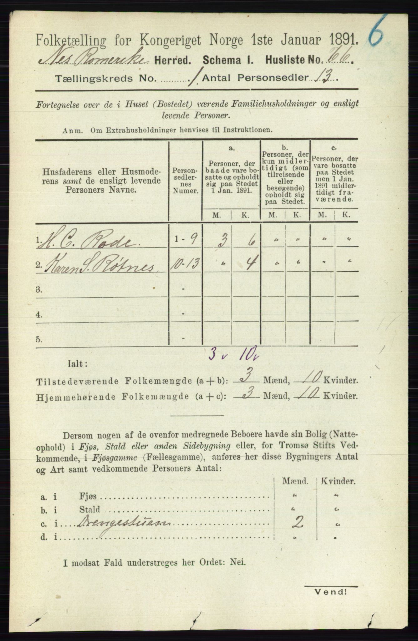 RA, 1891 census for 0236 Nes, 1891, p. 110