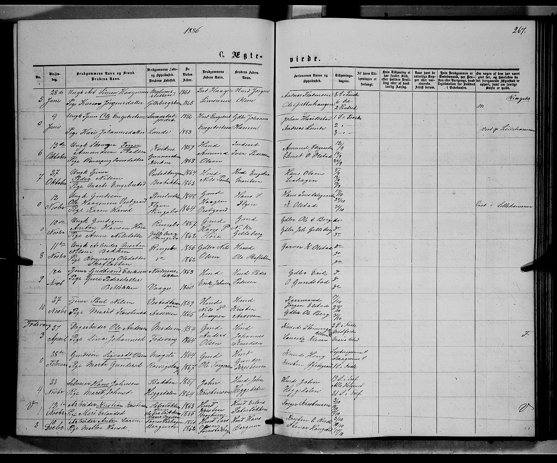 Ringebu prestekontor, SAH/PREST-082/H/Ha/Hab/L0006: Parish register (copy) no. 6, 1880-1898, p. 267