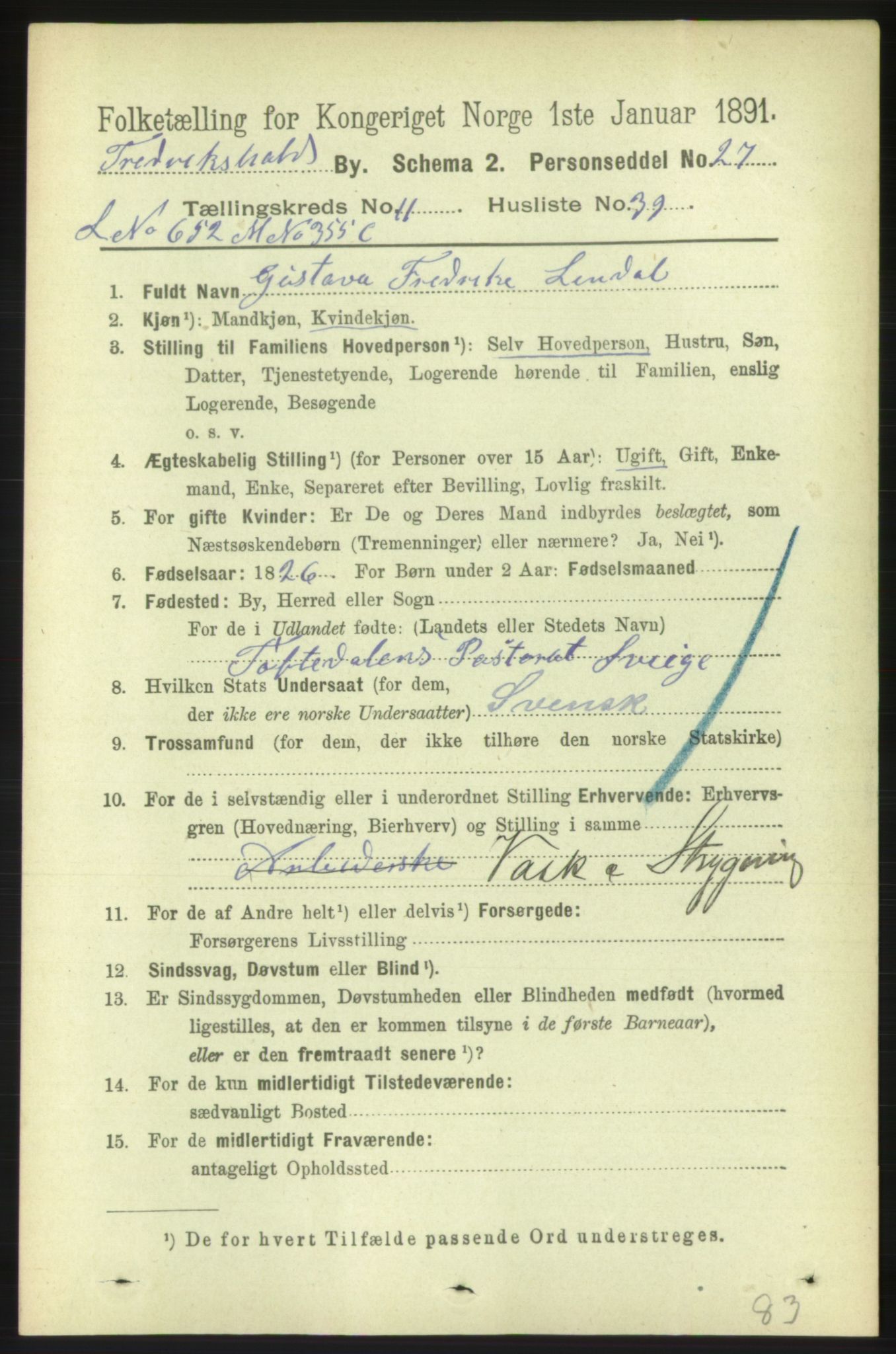 RA, 1891 census for 0101 Fredrikshald, 1891, p. 8204