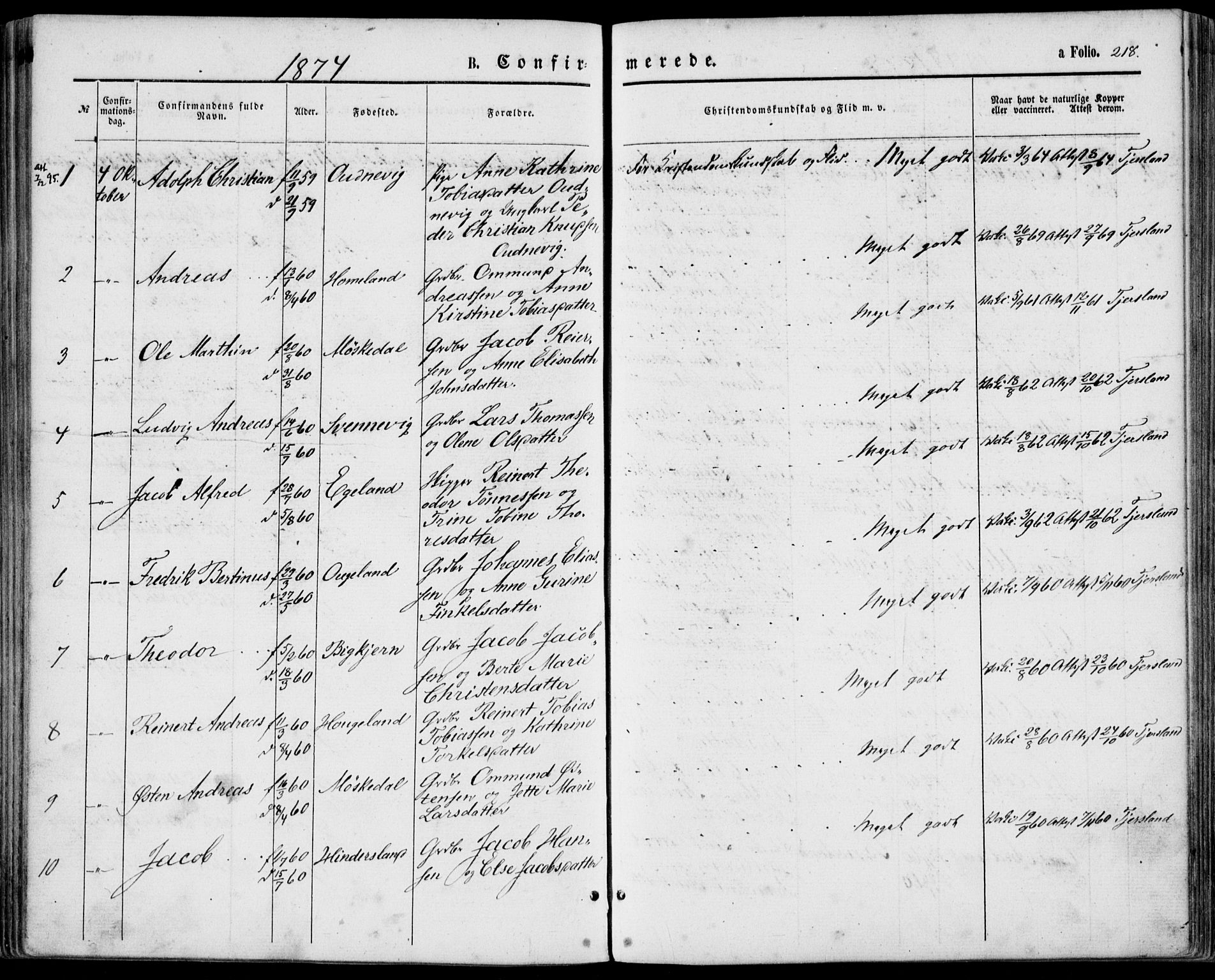 Lyngdal sokneprestkontor, SAK/1111-0029/F/Fa/Fac/L0010: Parish register (official) no. A 10, 1865-1878, p. 218