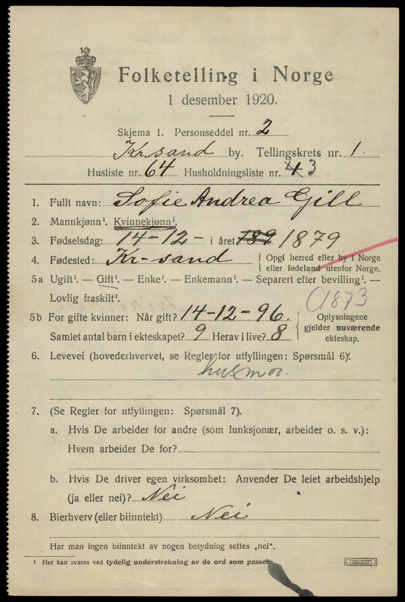 SAK, 1920 census for Kristiansand, 1920, p. 19537