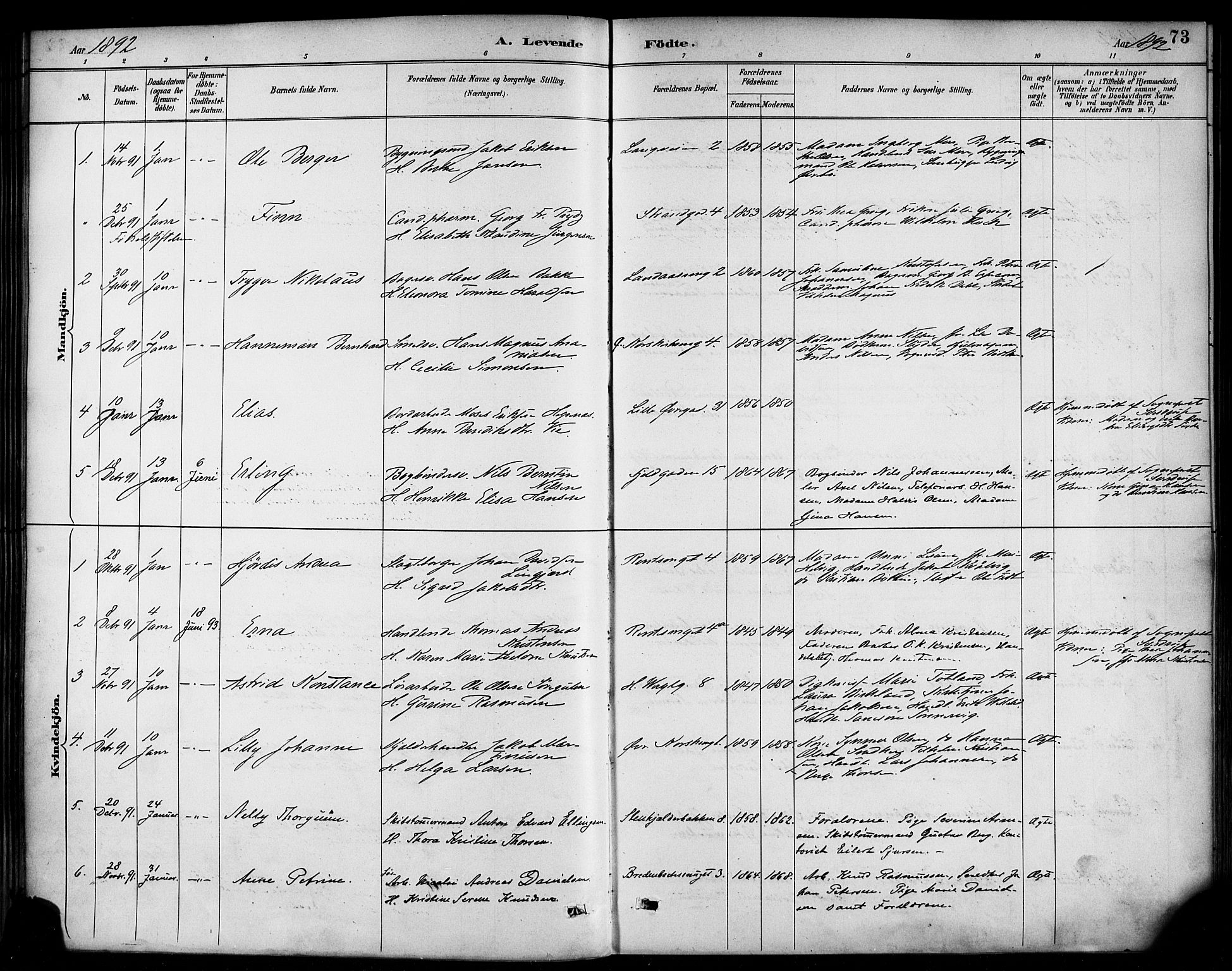 Korskirken sokneprestembete, AV/SAB-A-76101/H/Haa/L0022: Parish register (official) no. B 8, 1889-1899, p. 73