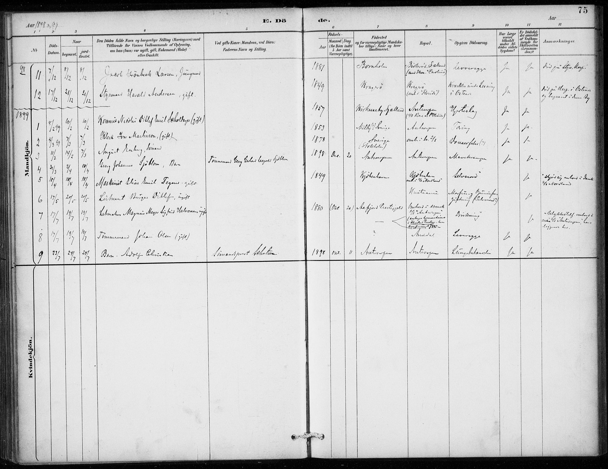 Den norske sjømannsmisjon i utlandet/Antwerpen, SAB/SAB/PA-0105/H/Ha/L0002: Parish register (official) no. A 2, 1887-1913, p. 75