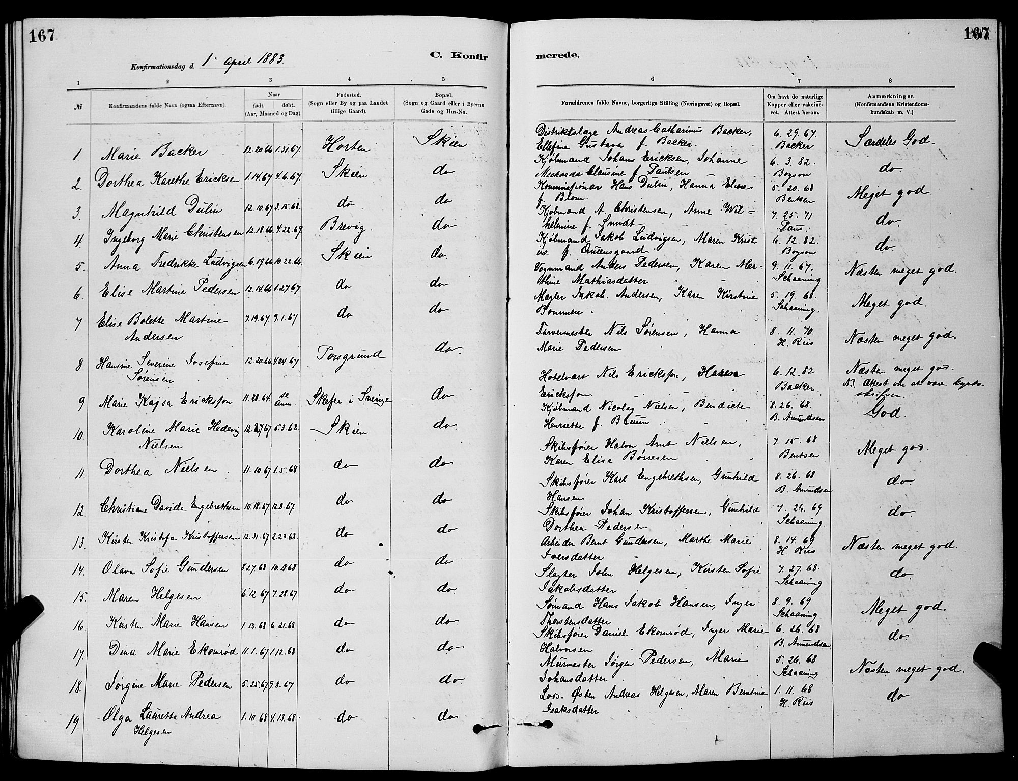 Skien kirkebøker, SAKO/A-302/G/Ga/L0006: Parish register (copy) no. 6, 1881-1890, p. 167
