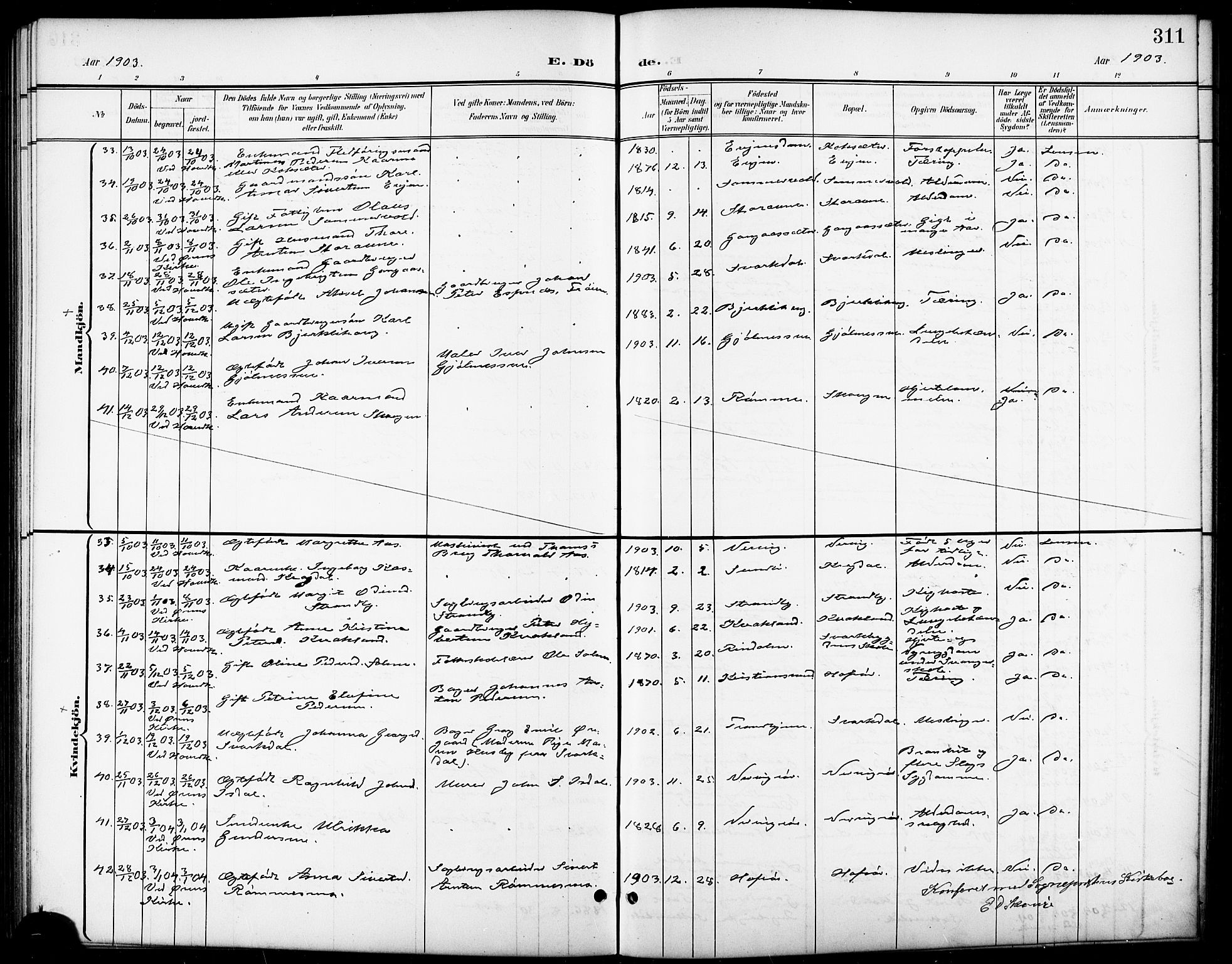 Ministerialprotokoller, klokkerbøker og fødselsregistre - Sør-Trøndelag, SAT/A-1456/668/L0819: Parish register (copy) no. 668C08, 1899-1912, p. 311