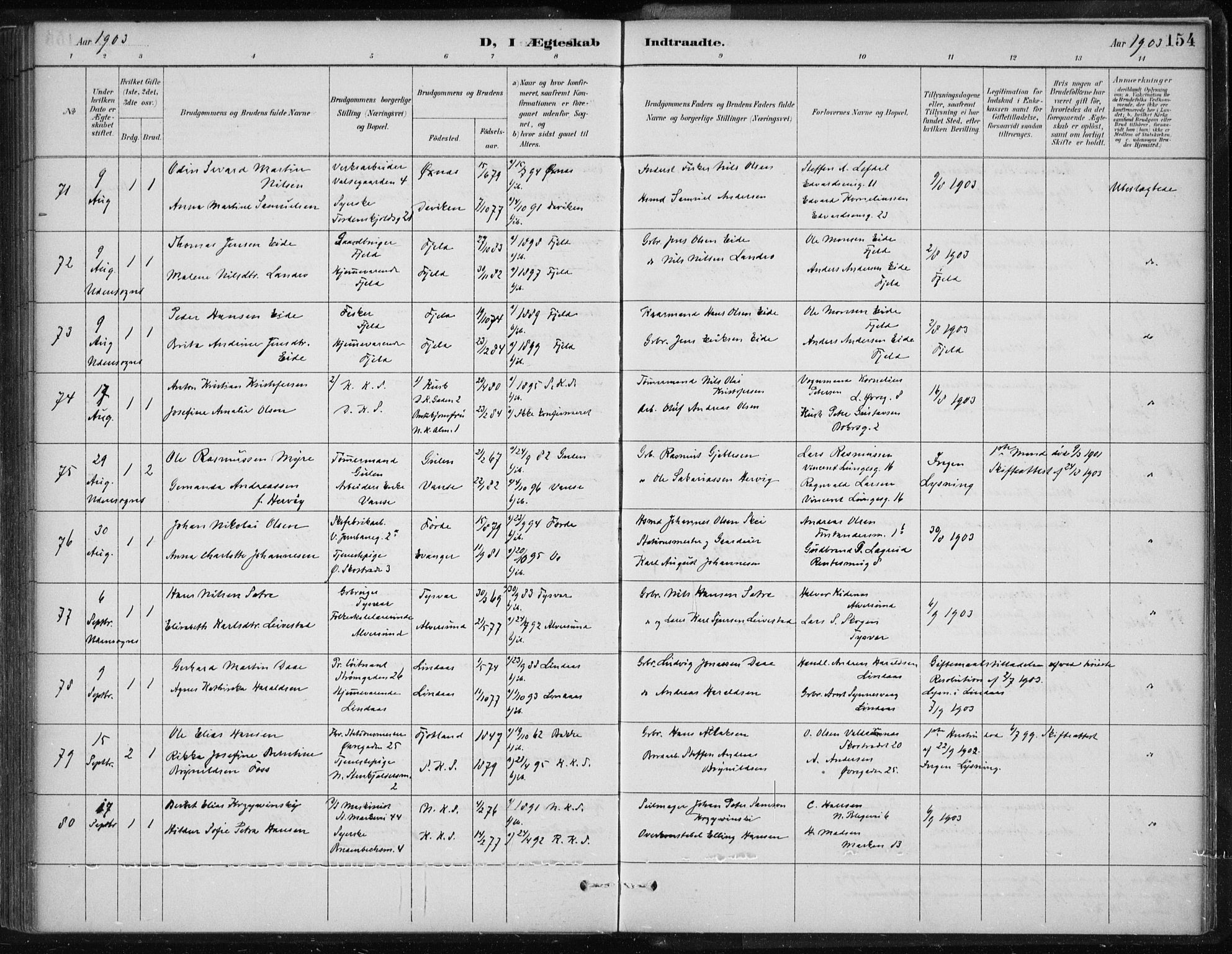 Korskirken sokneprestembete, AV/SAB-A-76101/H/Hab: Parish register (copy) no. D 3, 1887-1906, p. 154