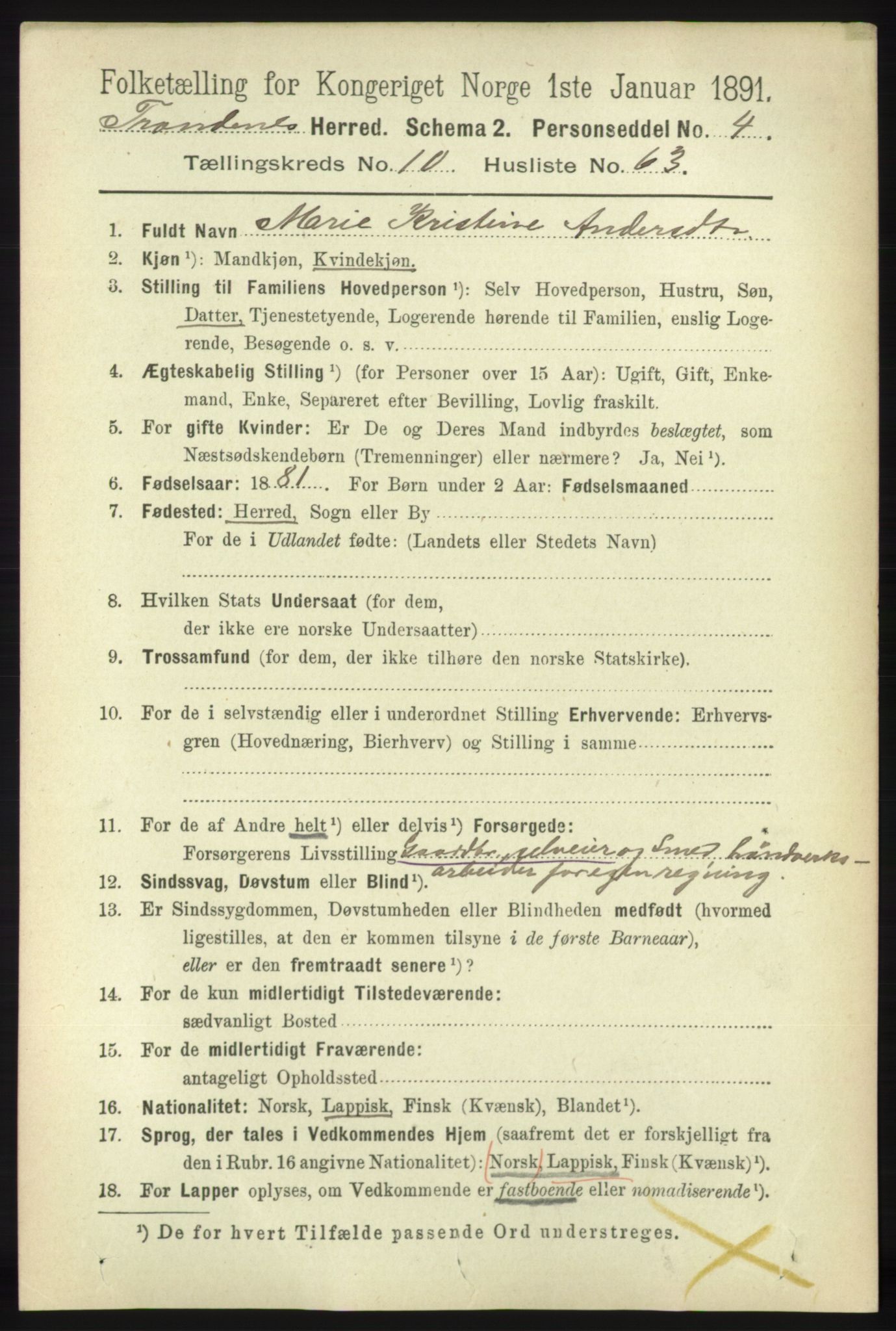 RA, 1891 census for 1914 Trondenes, 1891, p. 7915