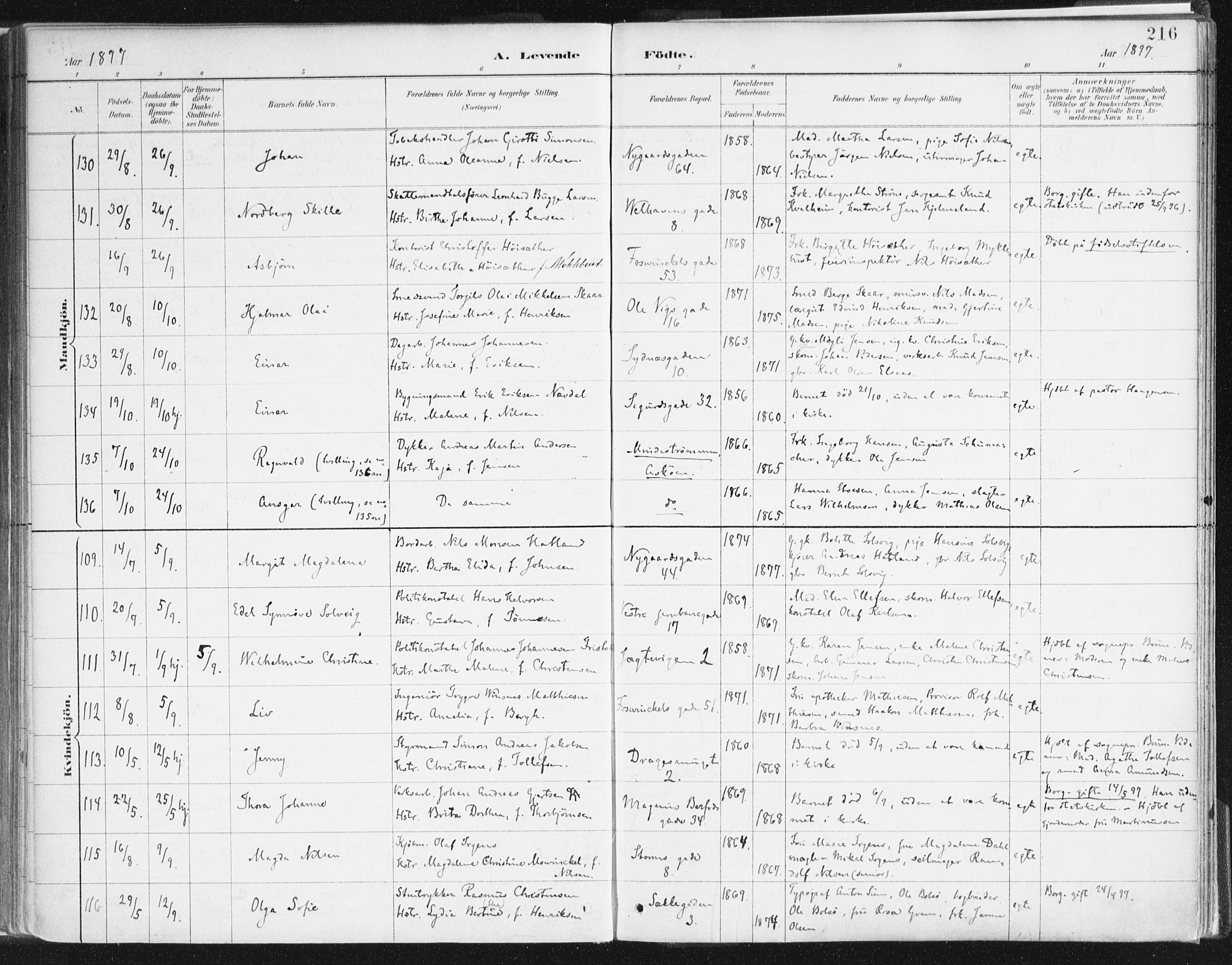 Johanneskirken sokneprestembete, SAB/A-76001/H/Haa/L0001: Parish register (official) no. A 1, 1885-1900, p. 216