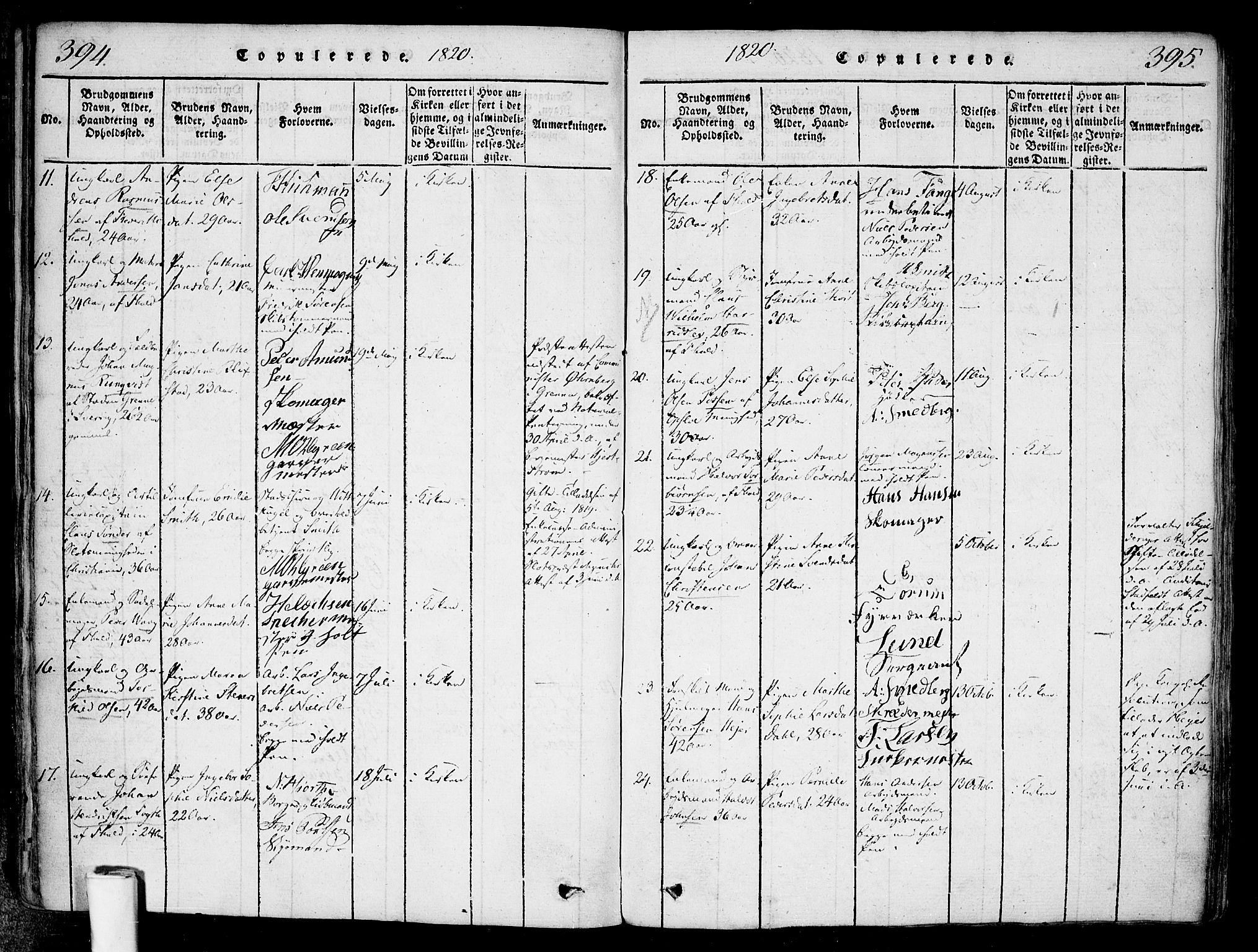 Halden prestekontor Kirkebøker, SAO/A-10909/F/Fa/L0003: Parish register (official) no. I 3, 1815-1834, p. 394-395