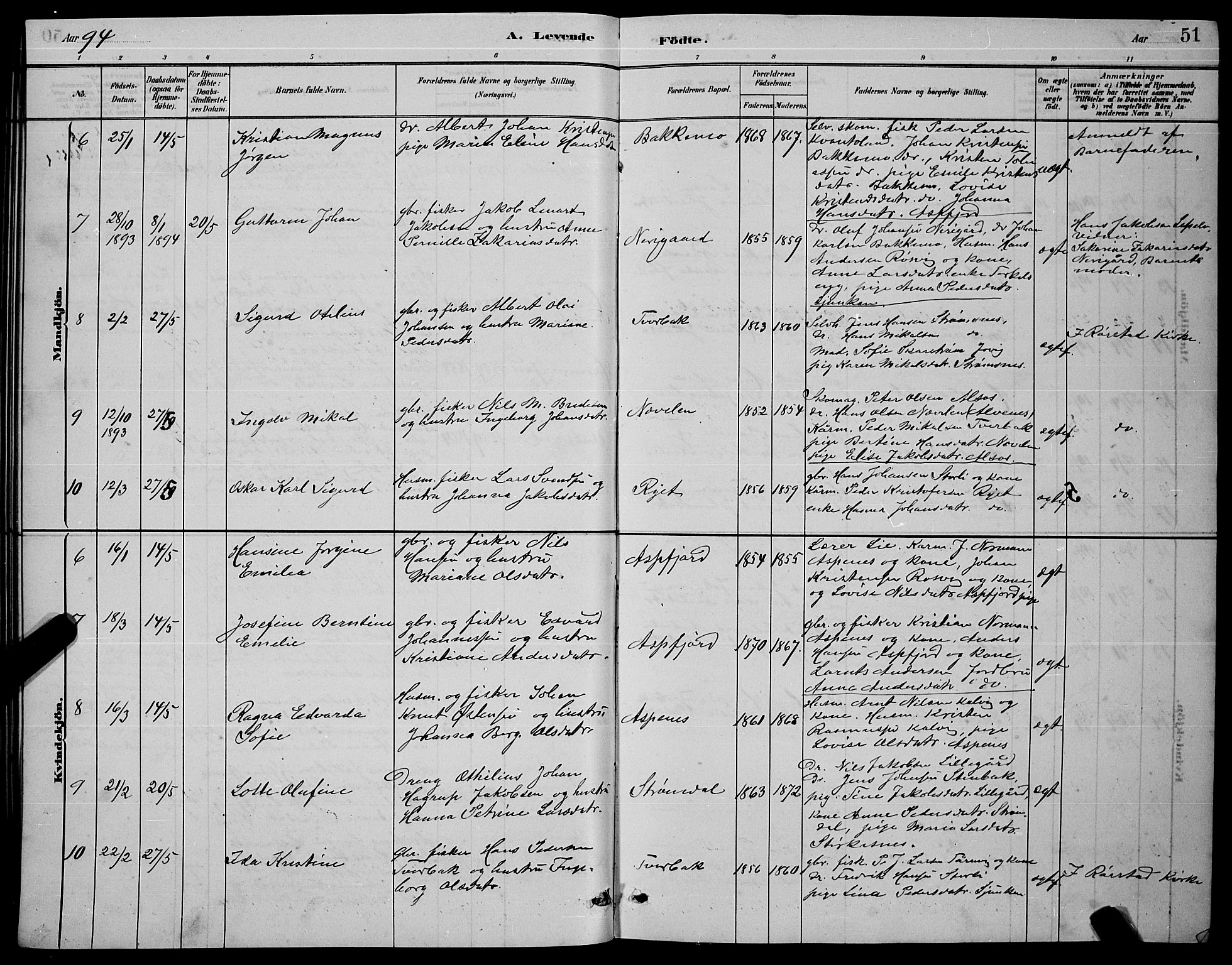 Ministerialprotokoller, klokkerbøker og fødselsregistre - Nordland, AV/SAT-A-1459/853/L0772: Parish register (official) no. 853A11, 1881-1900, p. 51