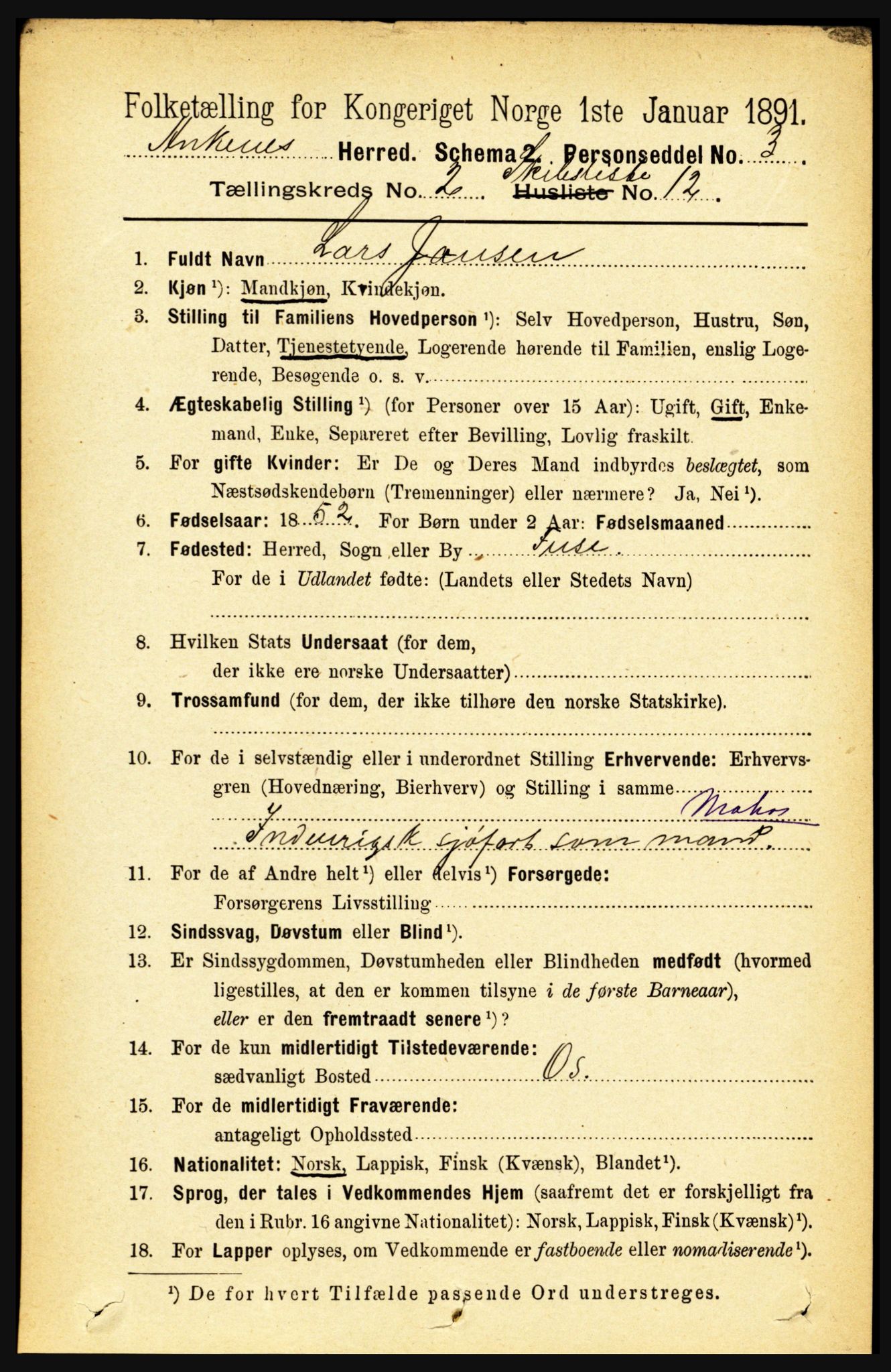 RA, 1891 census for 1855 Ankenes, 1891, p. 1458