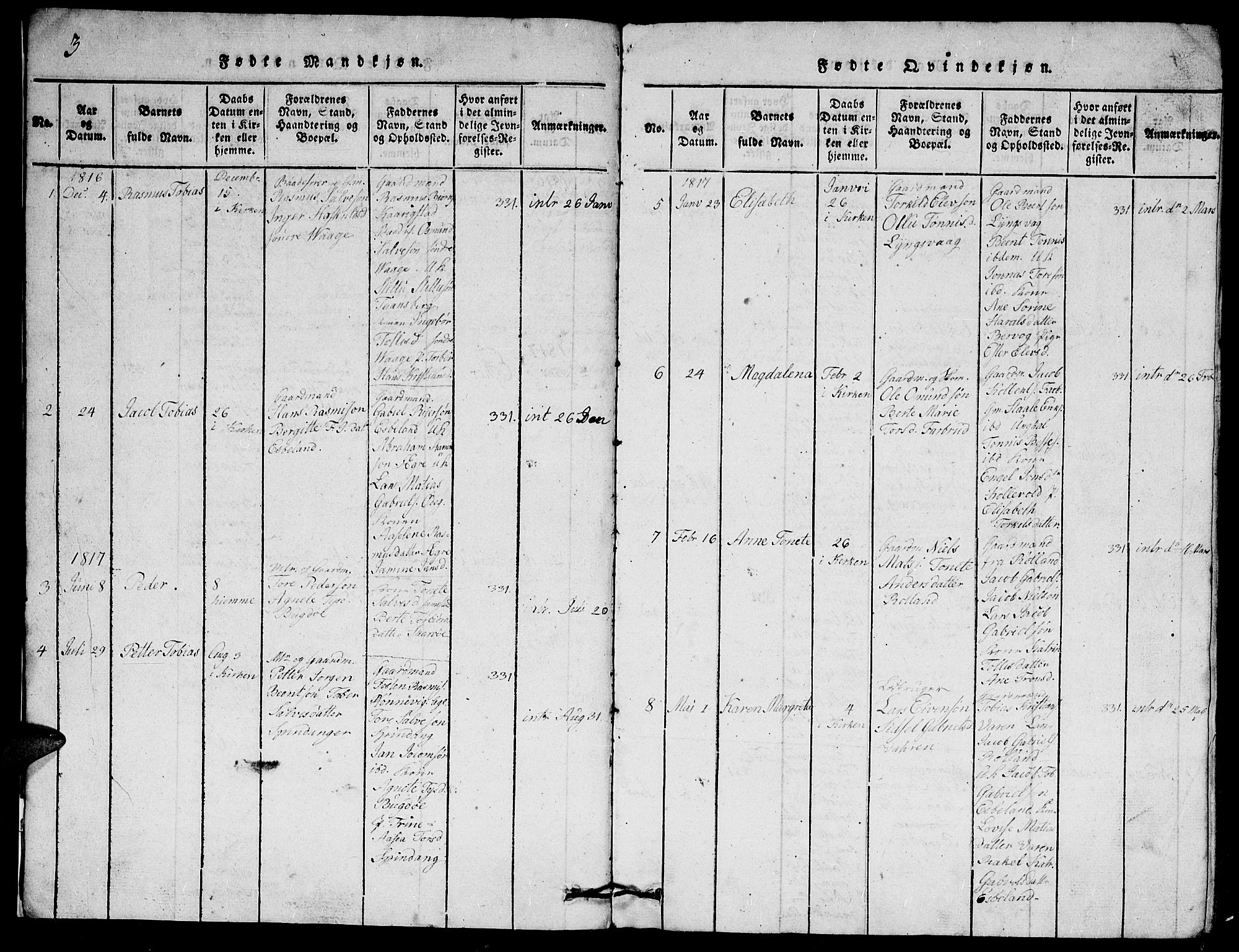 Herad sokneprestkontor, SAK/1111-0018/F/Fb/Fbb/L0001: Parish register (copy) no. B 1, 1815-1852, p. 3