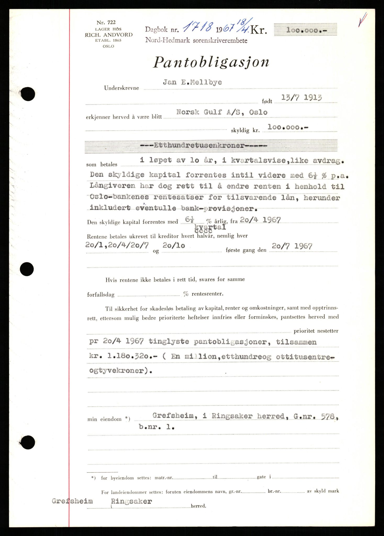 Nord-Hedmark sorenskriveri, SAH/TING-012/H/Hb/Hbf/L0071: Mortgage book no. B71, 1967-1967, Diary no: : 1718/1967