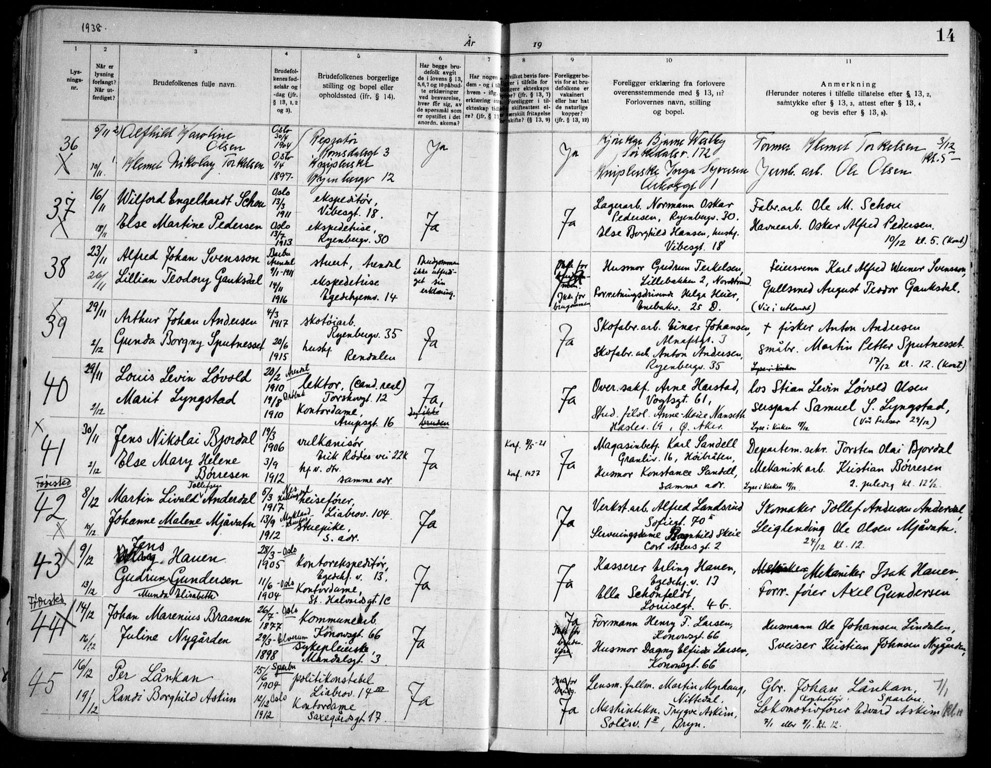 Gamlebyen prestekontor Kirkebøker, AV/SAO-A-10884/H/Ha/L0003: Banns register no. 3, 1936-1959, p. 14
