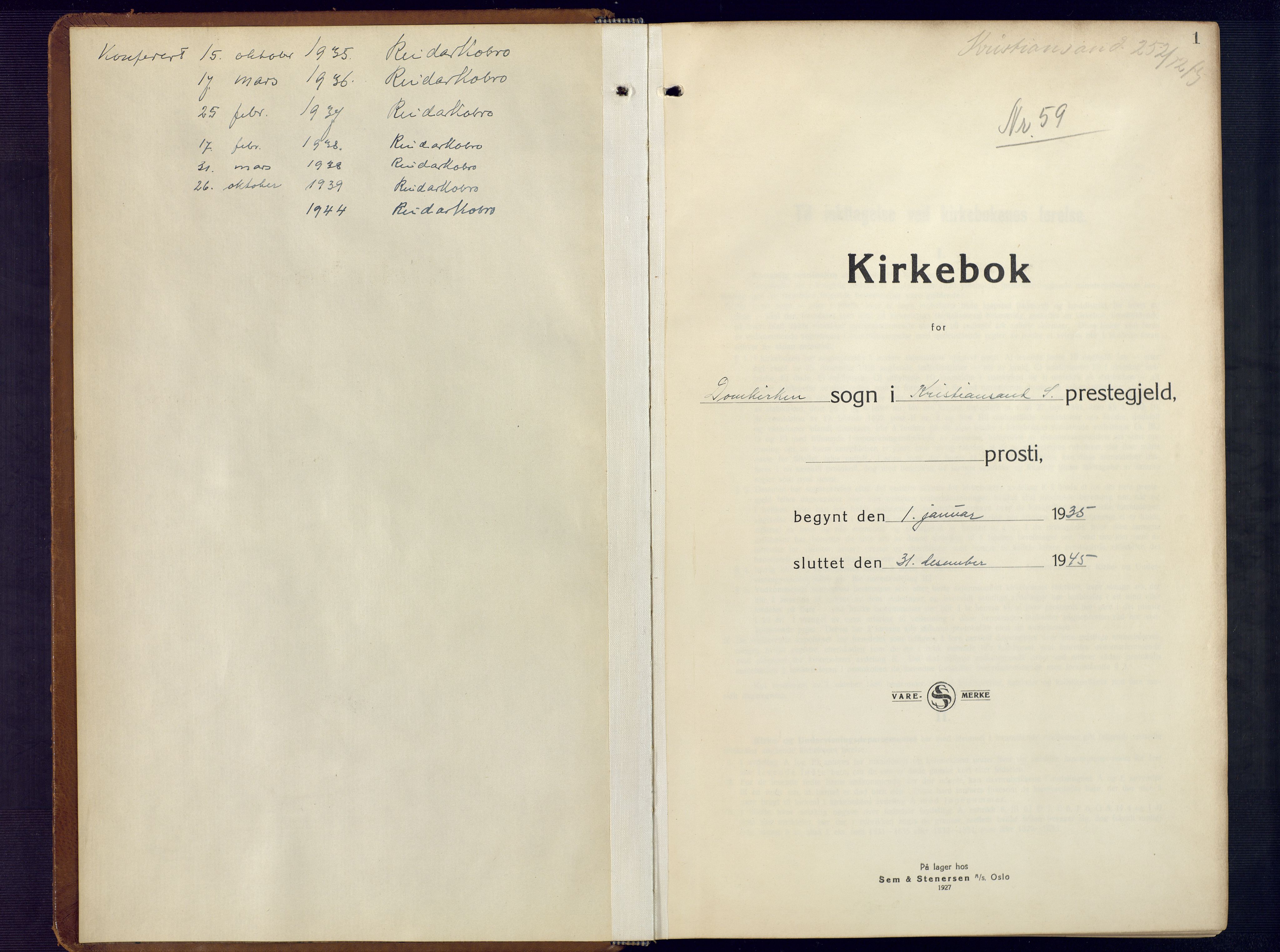 Kristiansand domprosti, SAK/1112-0006/F/Fb/L0028: Parish register (copy) no. B 28, 1935-1945