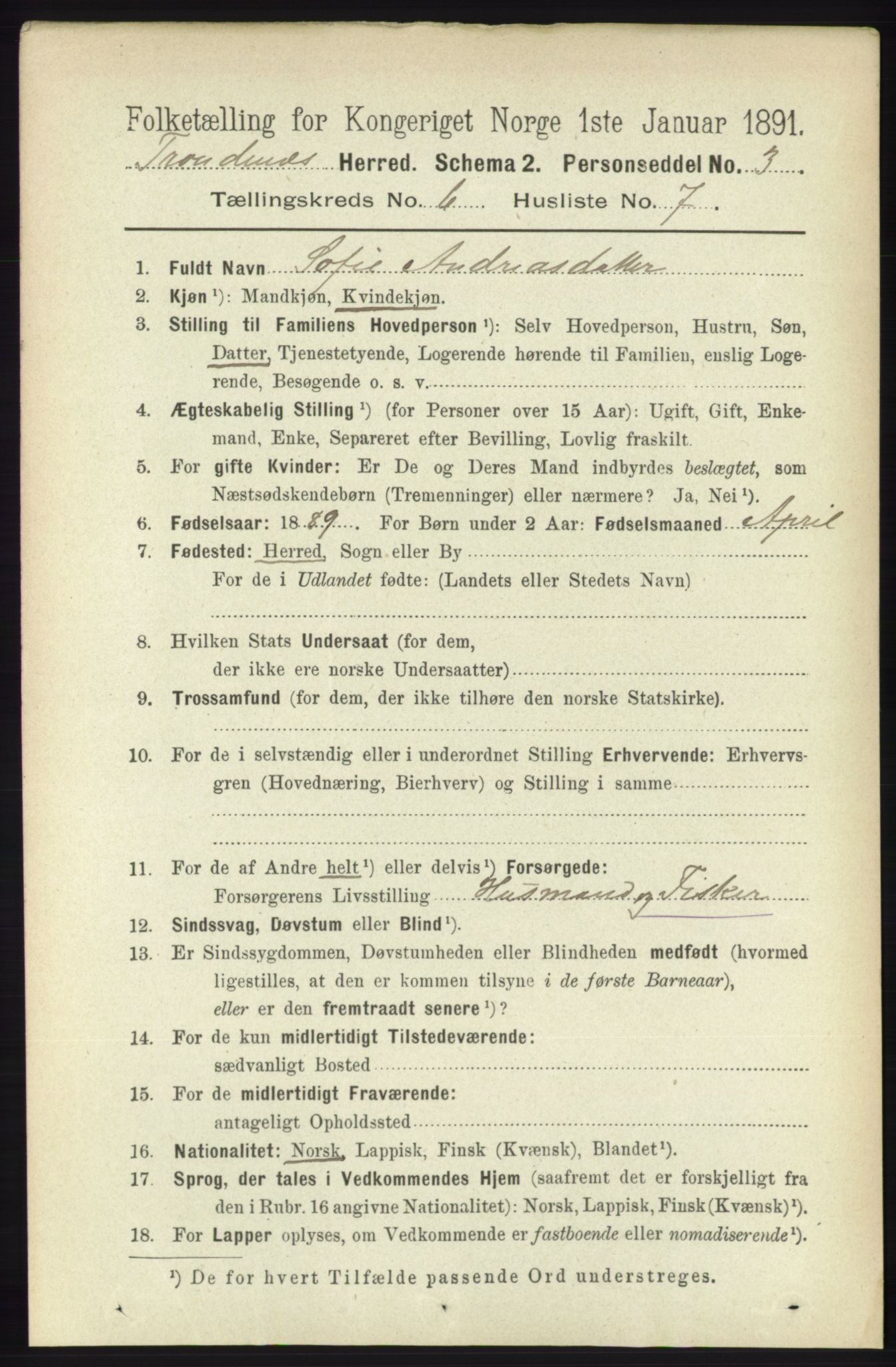 RA, 1891 census for 1914 Trondenes, 1891, p. 3853