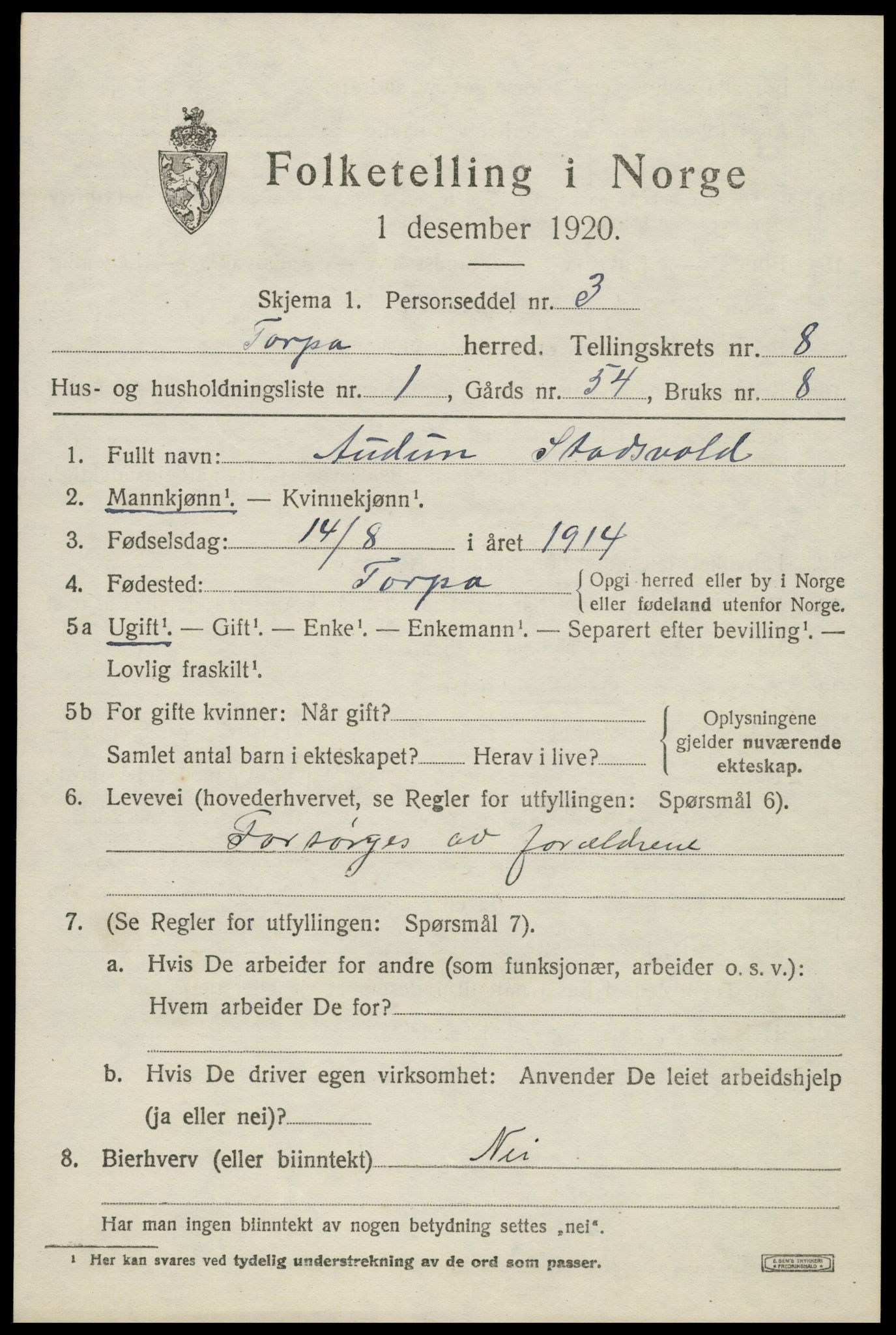 SAH, 1920 census for Torpa, 1920, p. 4625