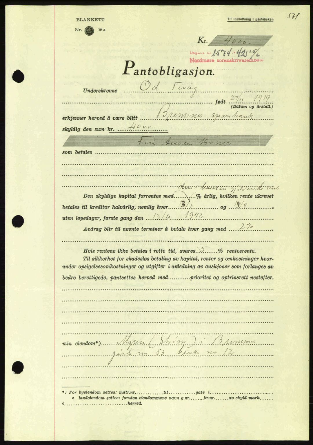 Nordmøre sorenskriveri, AV/SAT-A-4132/1/2/2Ca: Mortgage book no. B89, 1942-1942, Diary no: : 1574/1942