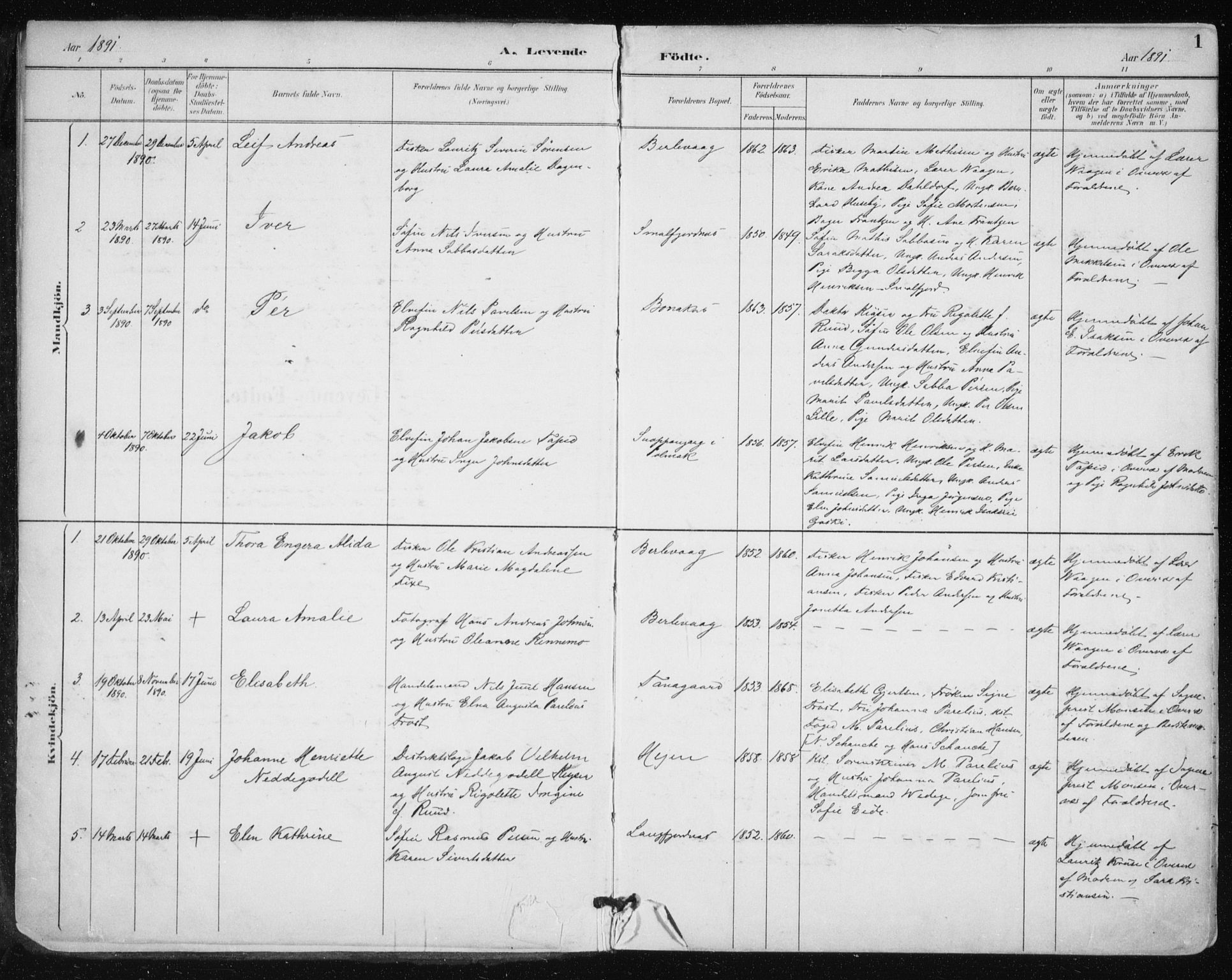 Tana sokneprestkontor, SATØ/S-1334/H/Ha/L0005kirke: Parish register (official) no. 5, 1891-1903, p. 1