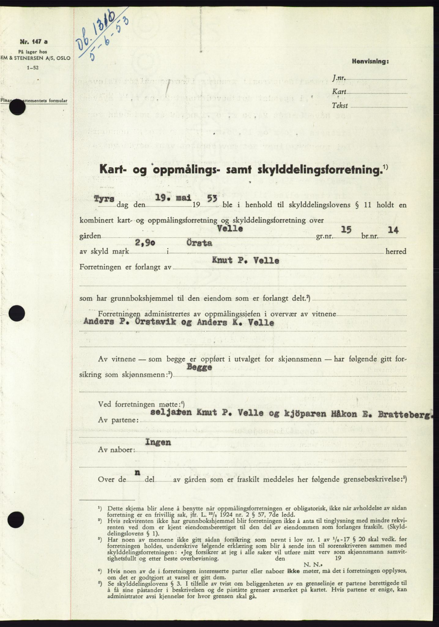 Søre Sunnmøre sorenskriveri, AV/SAT-A-4122/1/2/2C/L0095: Mortgage book no. 21A, 1953-1953, Diary no: : 1310/1953