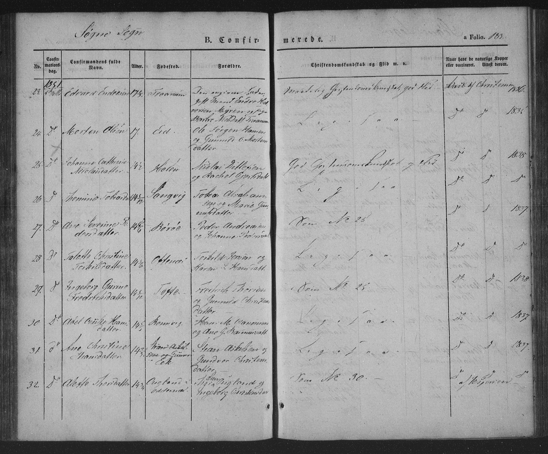 Søgne sokneprestkontor, AV/SAK-1111-0037/F/Fa/Fab/L0009: Parish register (official) no. A 9, 1838-1853, p. 183