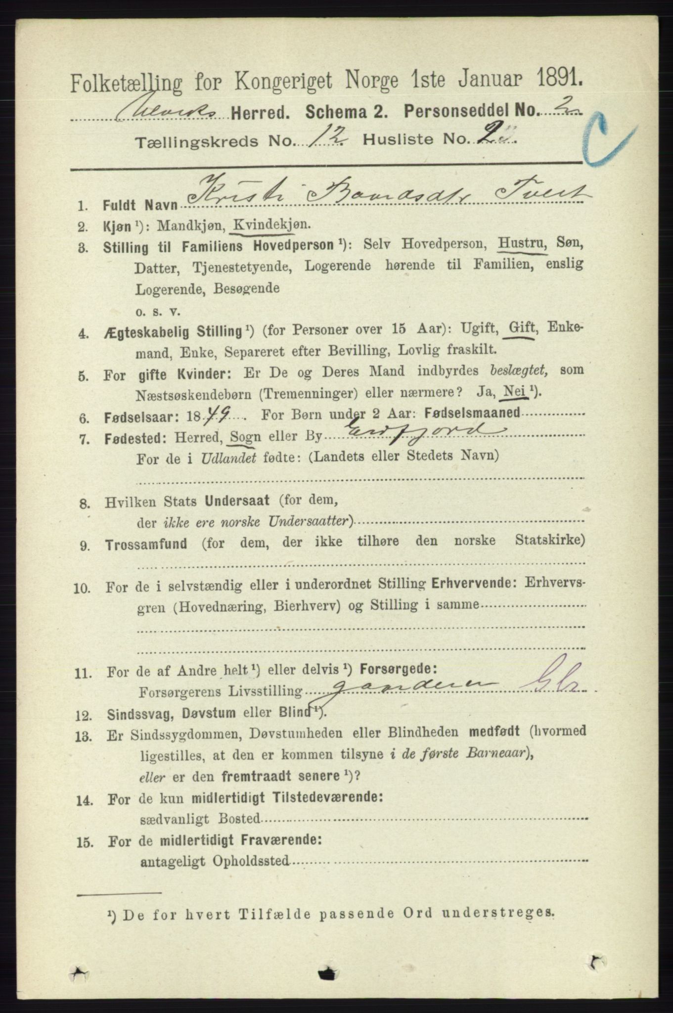 RA, 1891 census for 1233 Ulvik, 1891, p. 3647