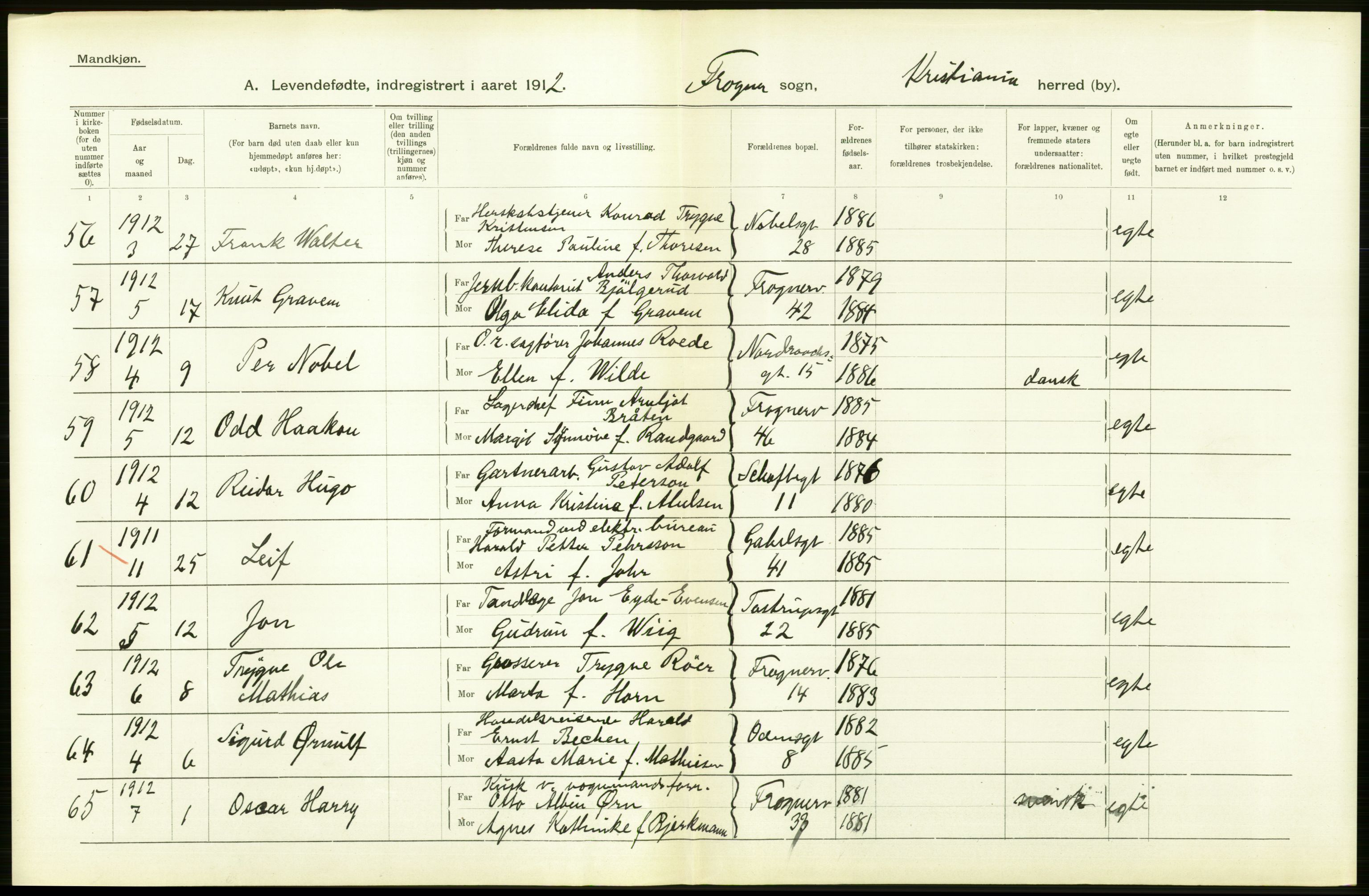 Statistisk sentralbyrå, Sosiodemografiske emner, Befolkning, RA/S-2228/D/Df/Dfb/Dfbb/L0007: Kristiania:  Levendefødte menn og kvinner., 1912, p. 446