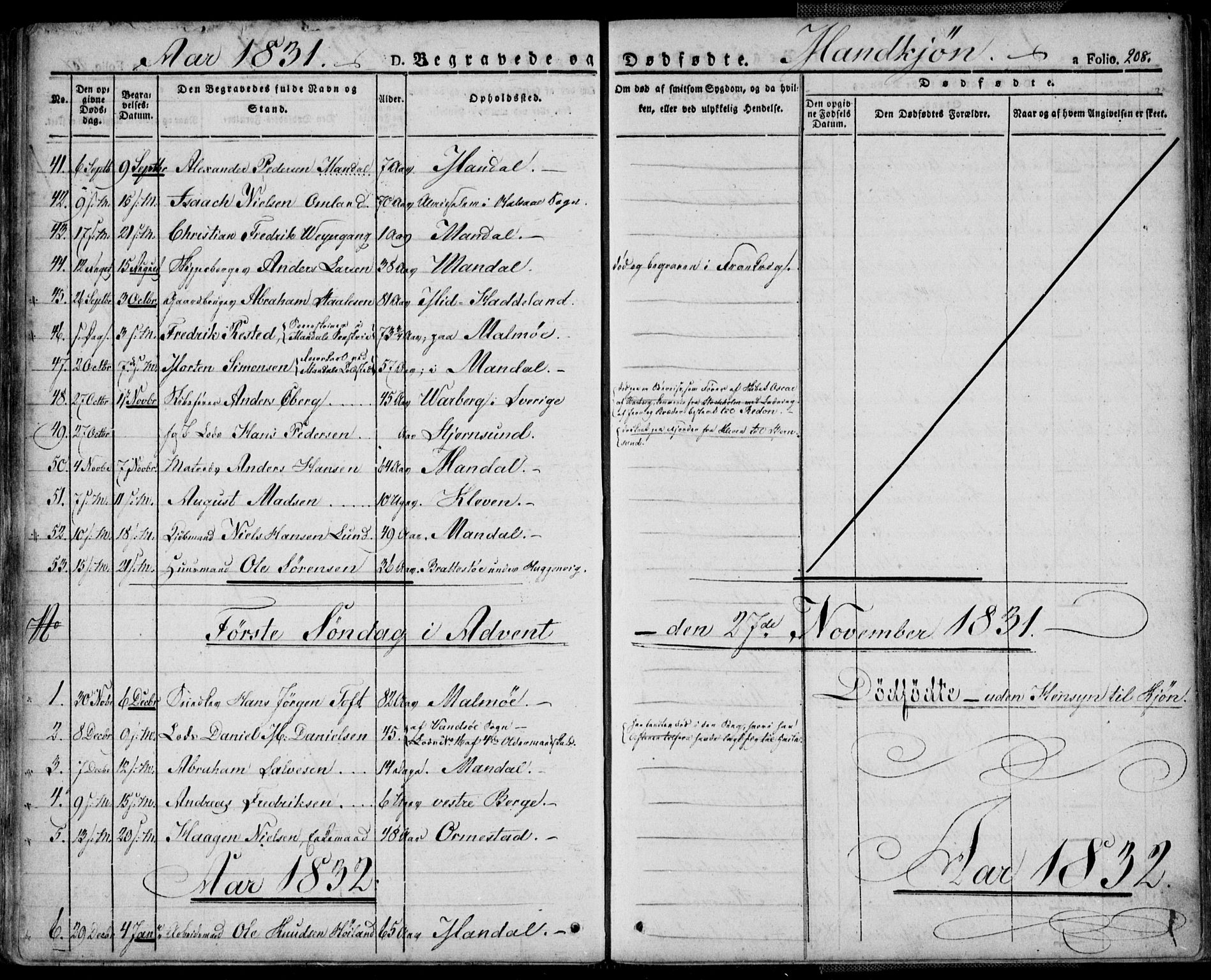 Mandal sokneprestkontor, AV/SAK-1111-0030/F/Fa/Faa/L0011: Parish register (official) no. A 11, 1830-1839, p. 208