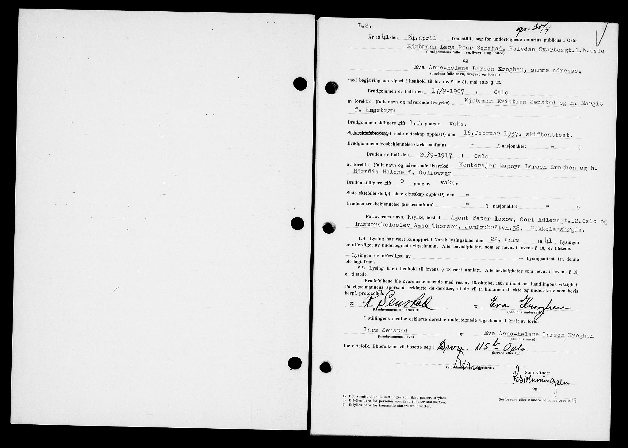 Oslo byfogd avd. I, AV/SAO-A-10220/L/Lb/Lbb/L0037: Notarialprotokoll, rekke II: Vigsler, 1941