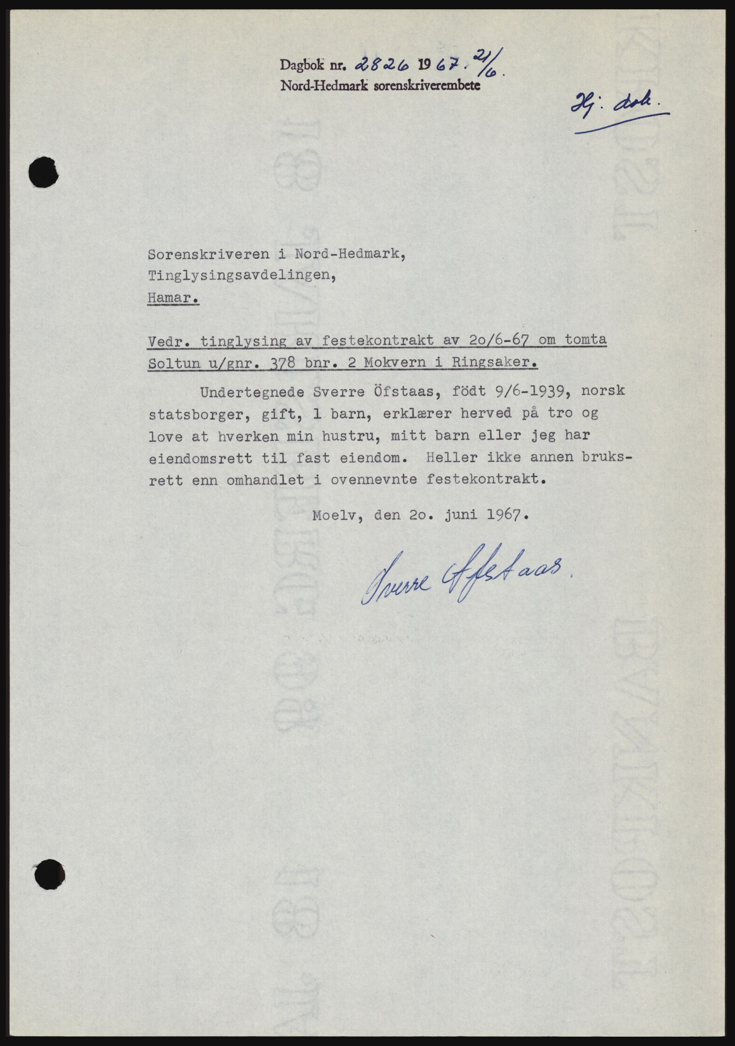 Nord-Hedmark sorenskriveri, SAH/TING-012/H/Hc/L0026: Mortgage book no. 26, 1967-1967, Diary no: : 2826/1967