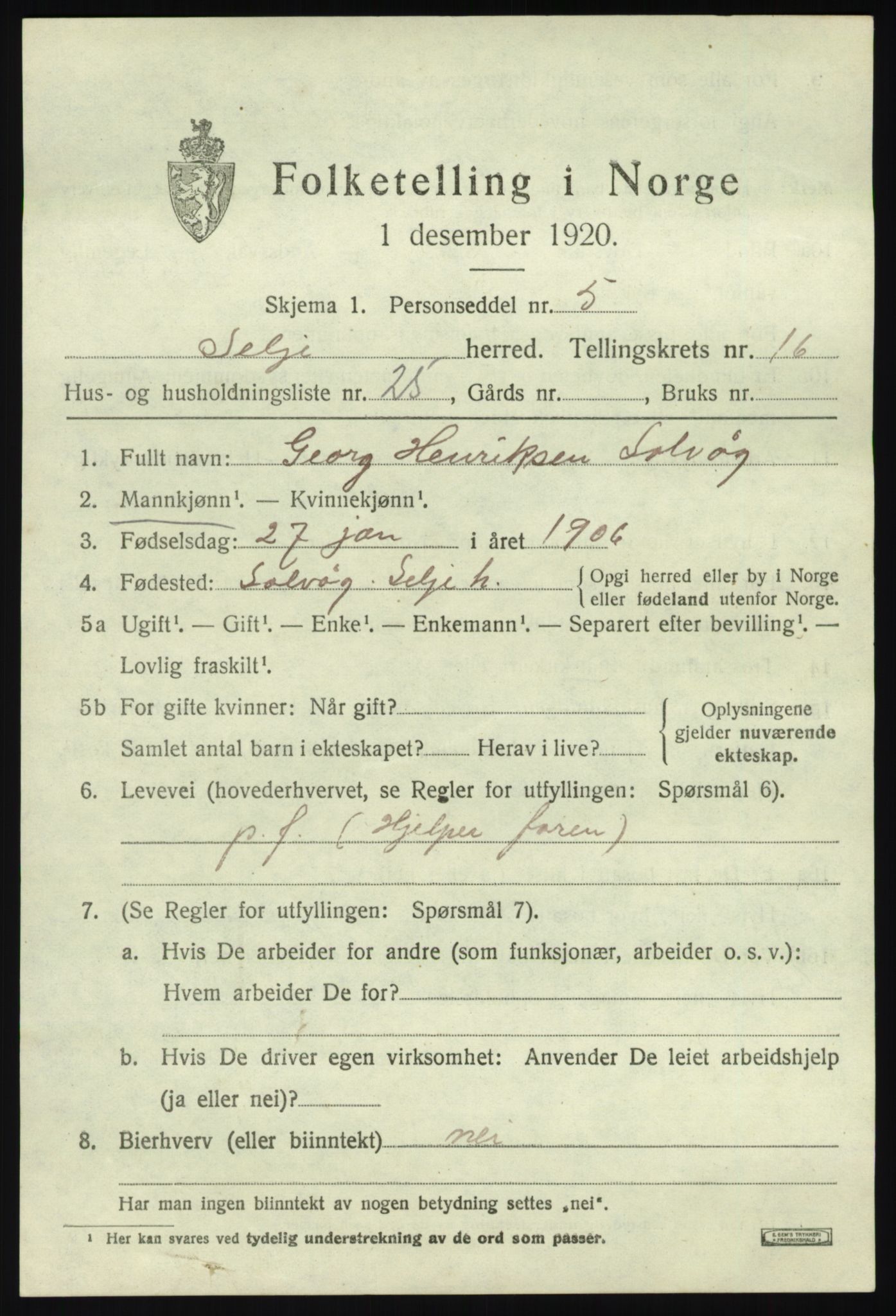 SAB, 1920 census for Selje, 1920, p. 7509