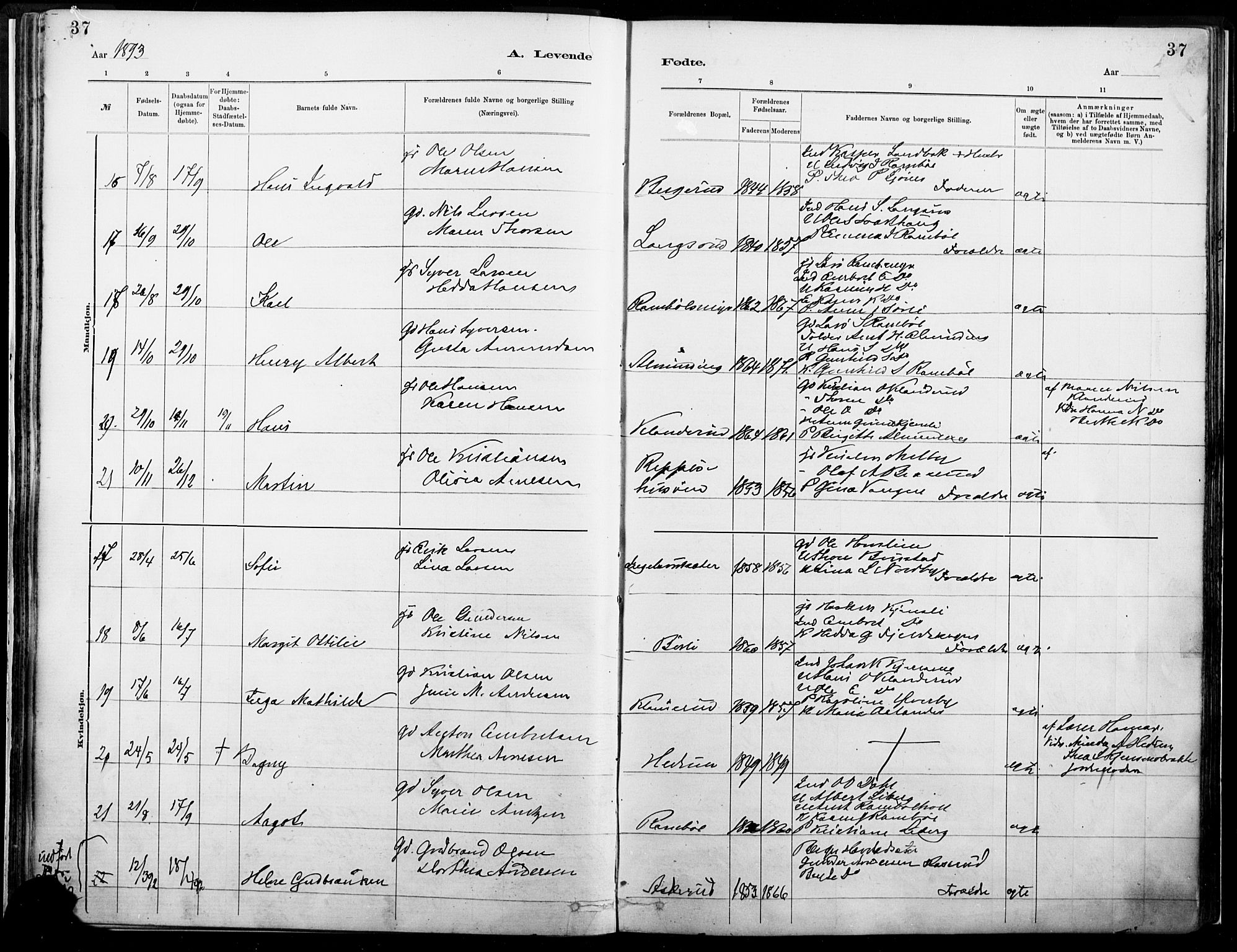 Eidskog prestekontor, AV/SAH-PREST-026/H/Ha/Haa/L0004: Parish register (official) no. 4, 1884-1897, p. 37