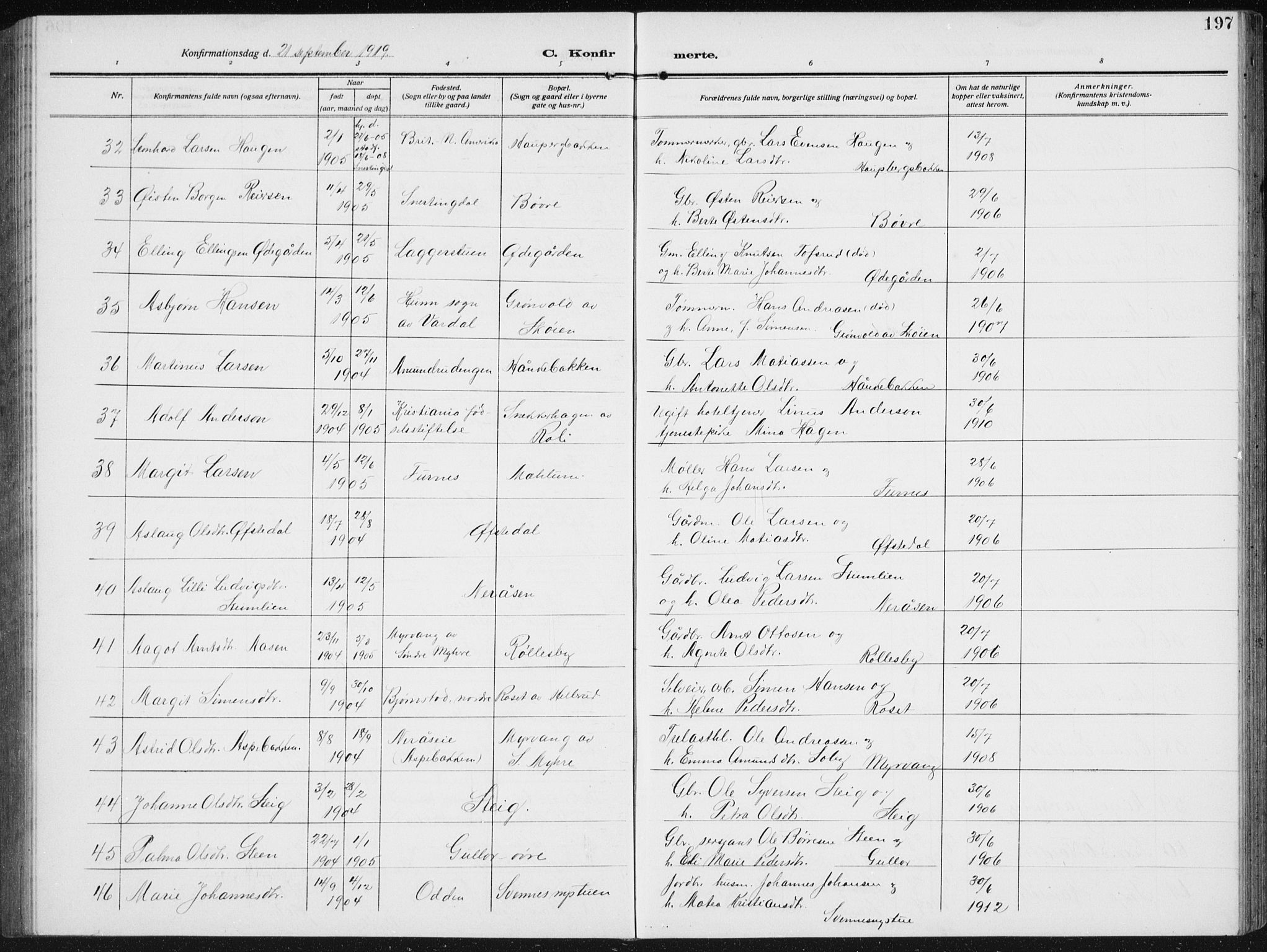 Biri prestekontor, AV/SAH-PREST-096/H/Ha/Hab/L0006: Parish register (copy) no. 6, 1909-1938, p. 197