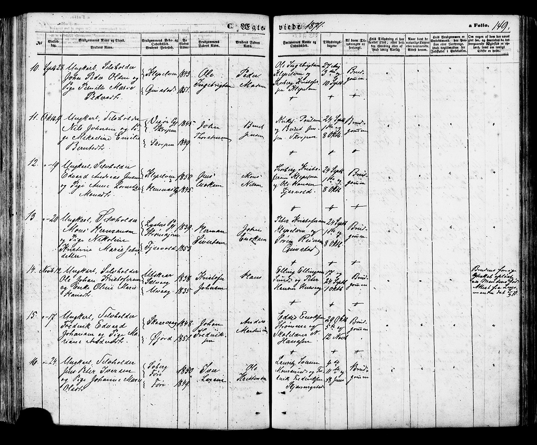 Ministerialprotokoller, klokkerbøker og fødselsregistre - Nordland, AV/SAT-A-1459/891/L1301: Parish register (official) no. 891A06, 1870-1878, p. 149