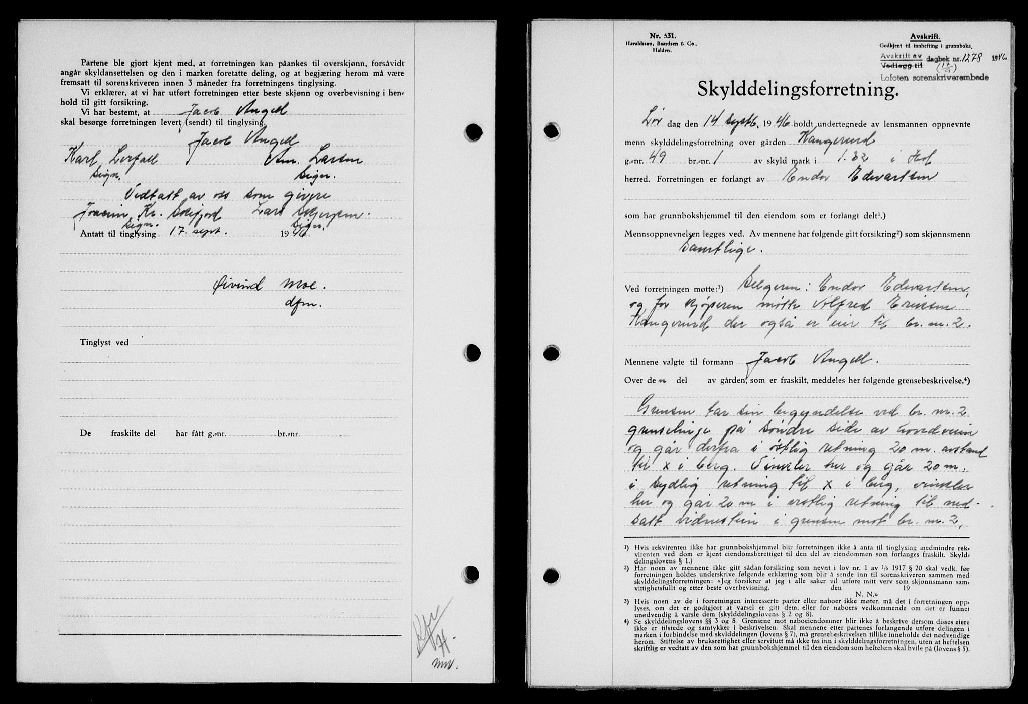 Lofoten sorenskriveri, SAT/A-0017/1/2/2C/L0014a: Mortgage book no. 14a, 1946-1946, Diary no: : 1278/1946