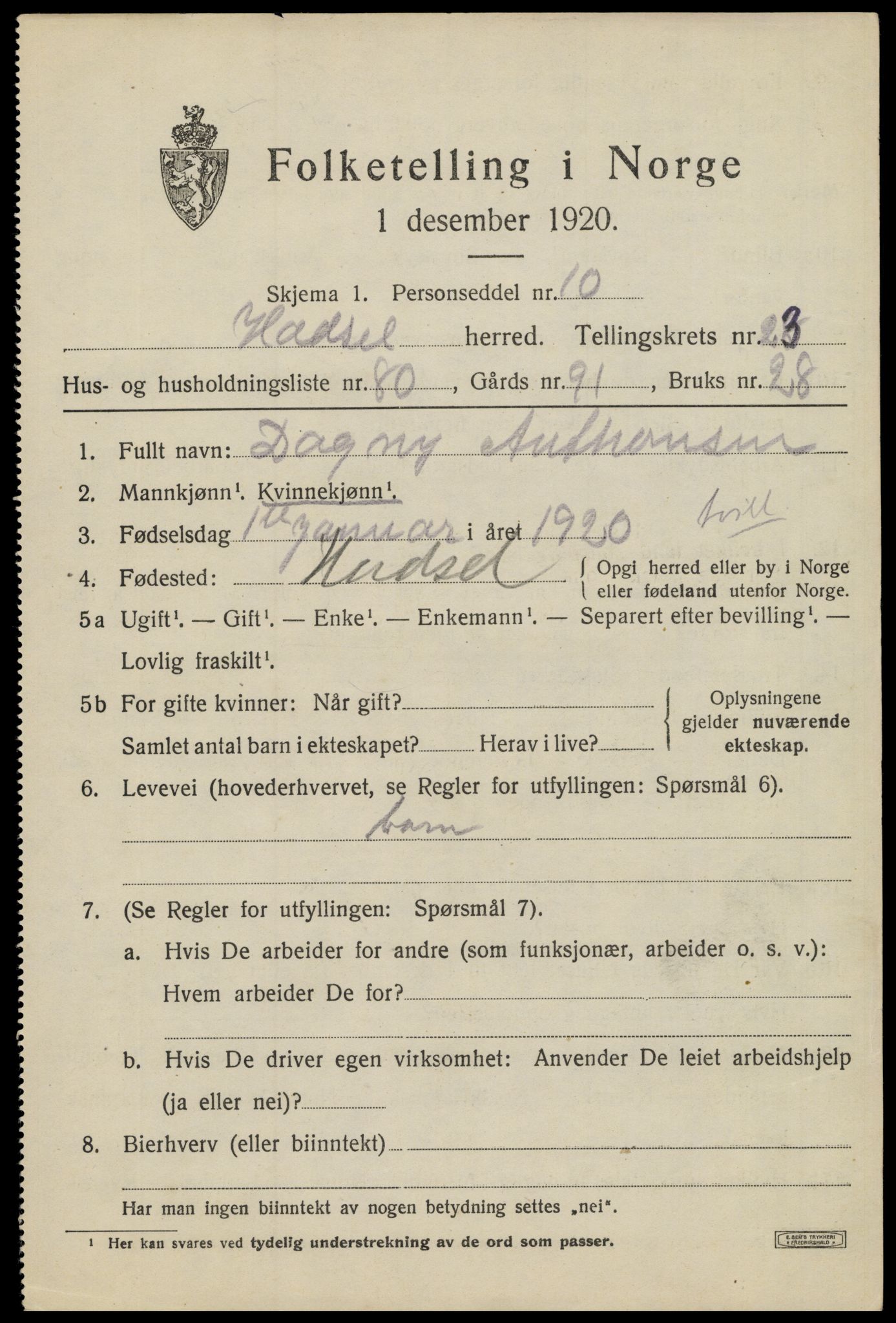 SAT, 1920 census for Hadsel, 1920, p. 21444