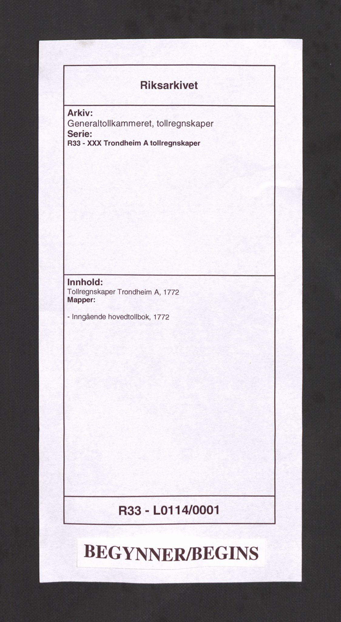 Generaltollkammeret, tollregnskaper, AV/RA-EA-5490/R33/L0114/0001: Tollregnskaper Trondheim A / Inngående hovedtollbok, 1772