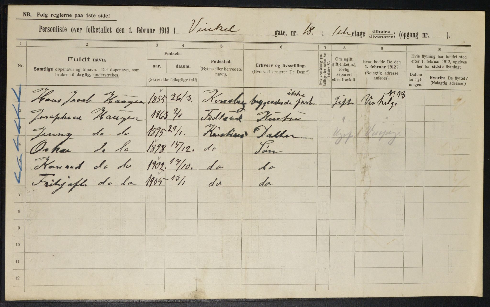 OBA, Municipal Census 1913 for Kristiania, 1913, p. 124002