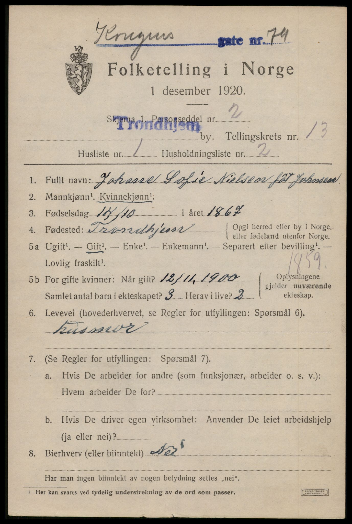 SAT, 1920 census for Trondheim, 1920, p. 49436