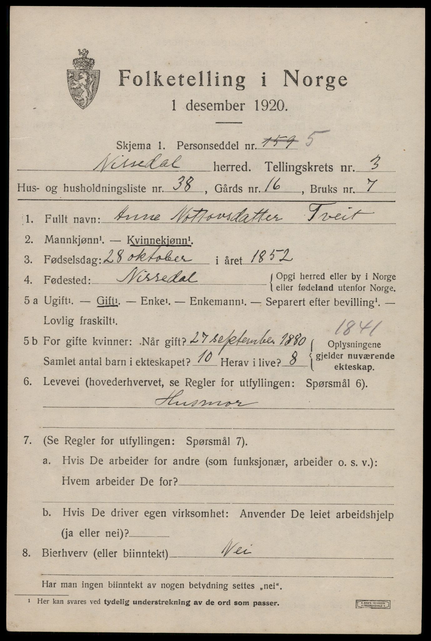 SAKO, 1920 census for Nissedal, 1920, p. 1815