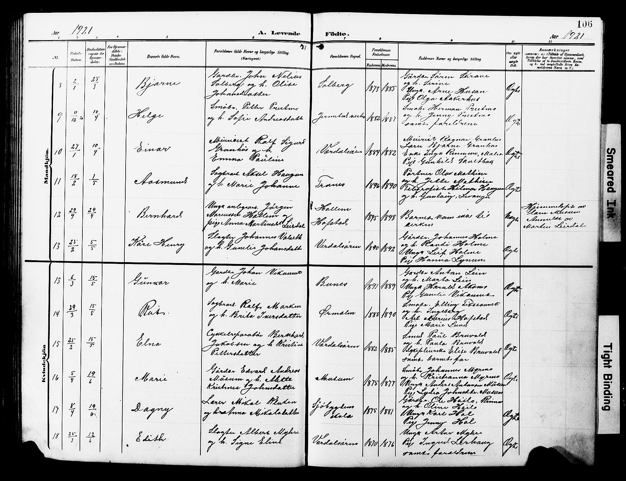 Ministerialprotokoller, klokkerbøker og fødselsregistre - Nord-Trøndelag, AV/SAT-A-1458/723/L0258: Parish register (copy) no. 723C06, 1908-1927, p. 106