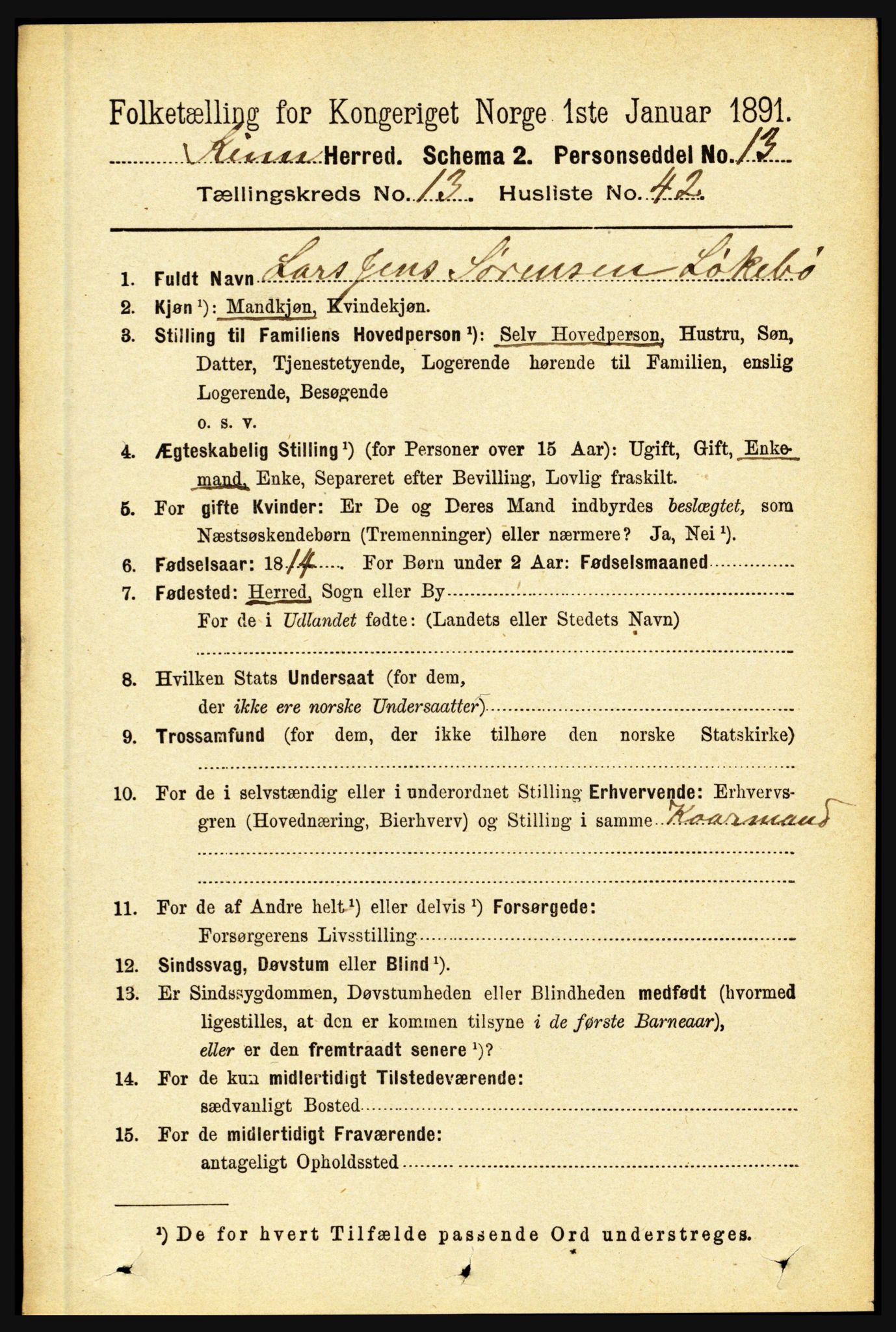 RA, 1891 census for 1437 Kinn, 1891, p. 5352