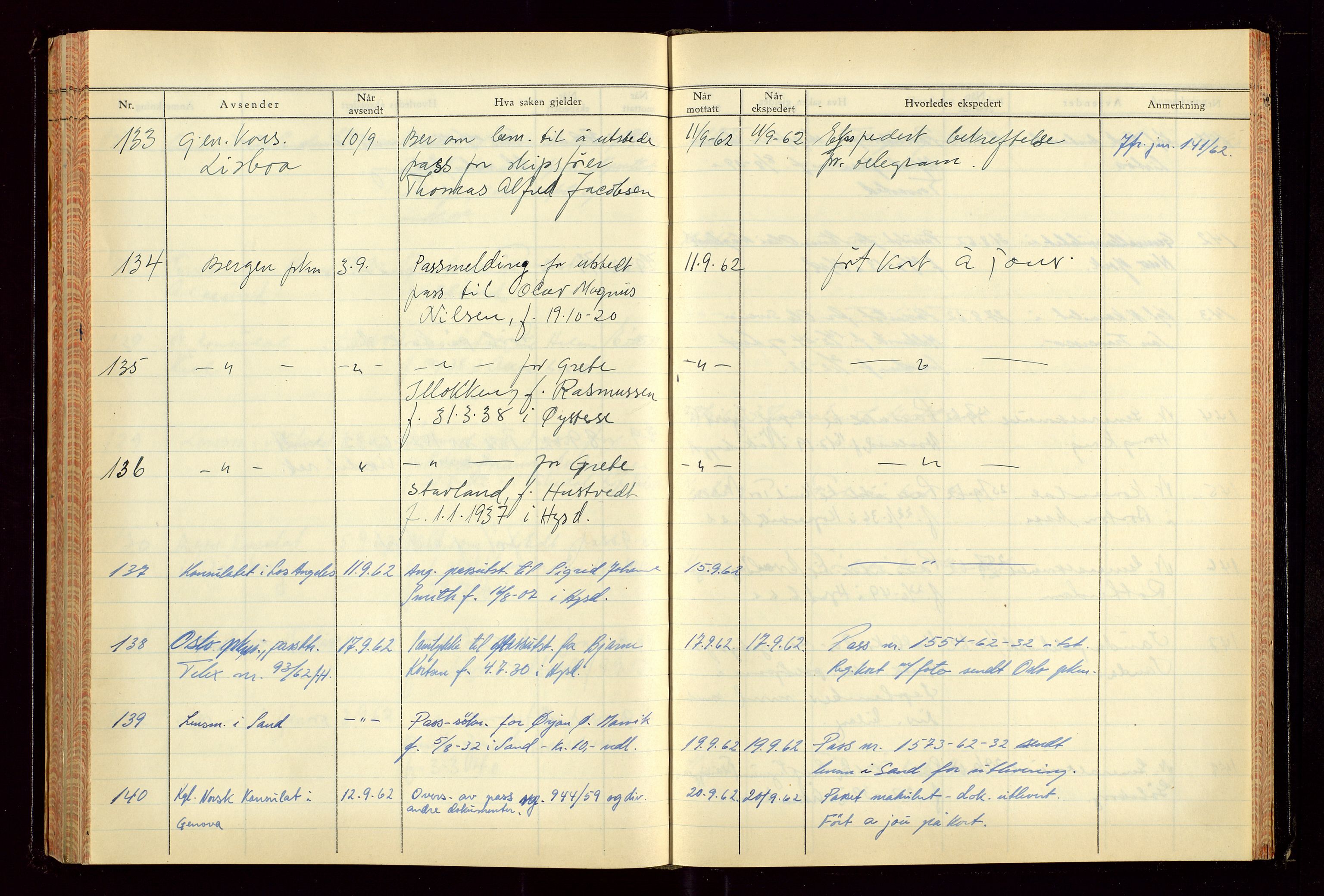 Haugesund politikammer, AV/SAST-A-100440/K/L0007: Passjournal (16 12 53-07 1065), 1953-1965, p. 164