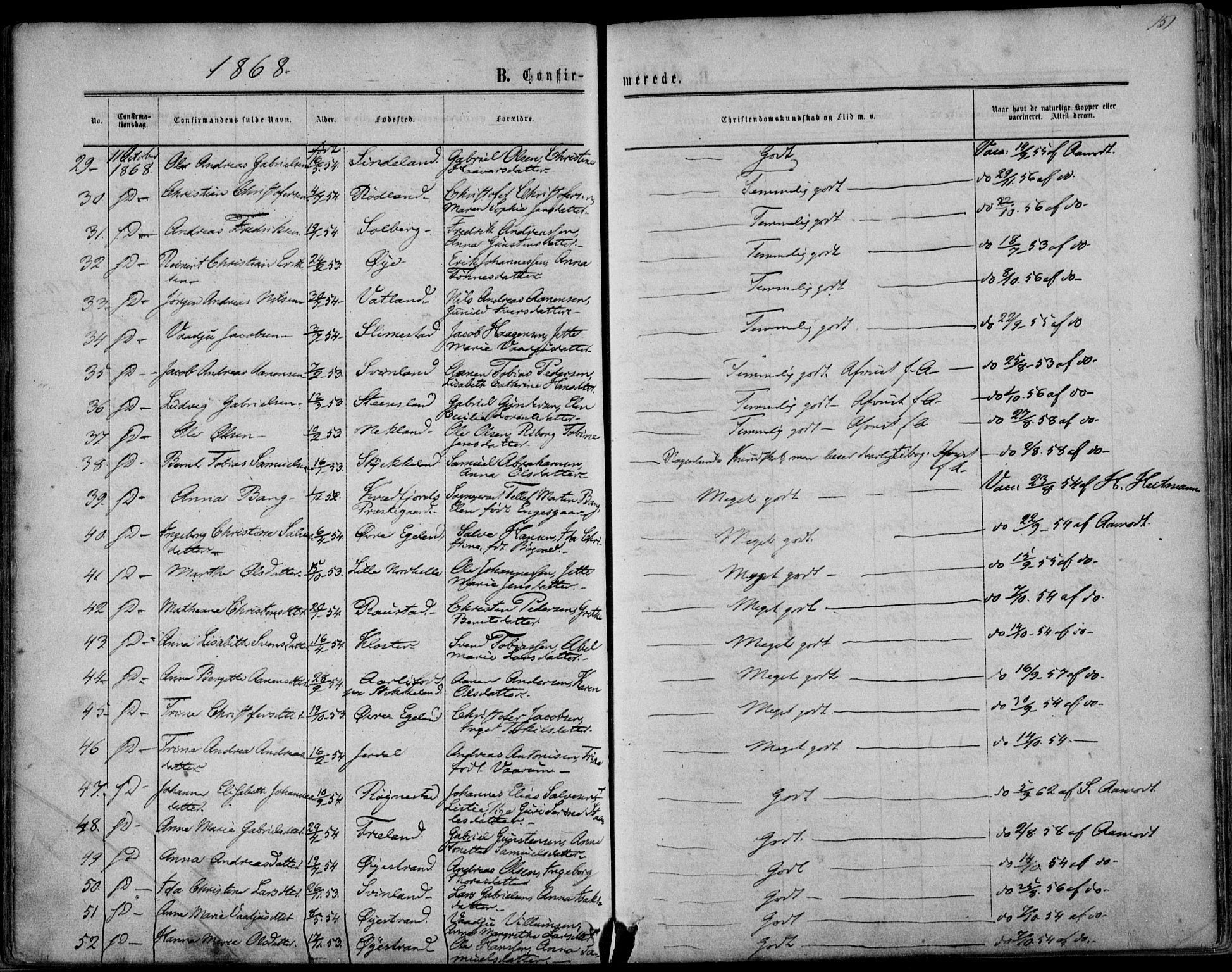 Kvinesdal sokneprestkontor, SAK/1111-0026/F/Fa/Fab/L0006: Parish register (official) no. A 6, 1857-1869, p. 151