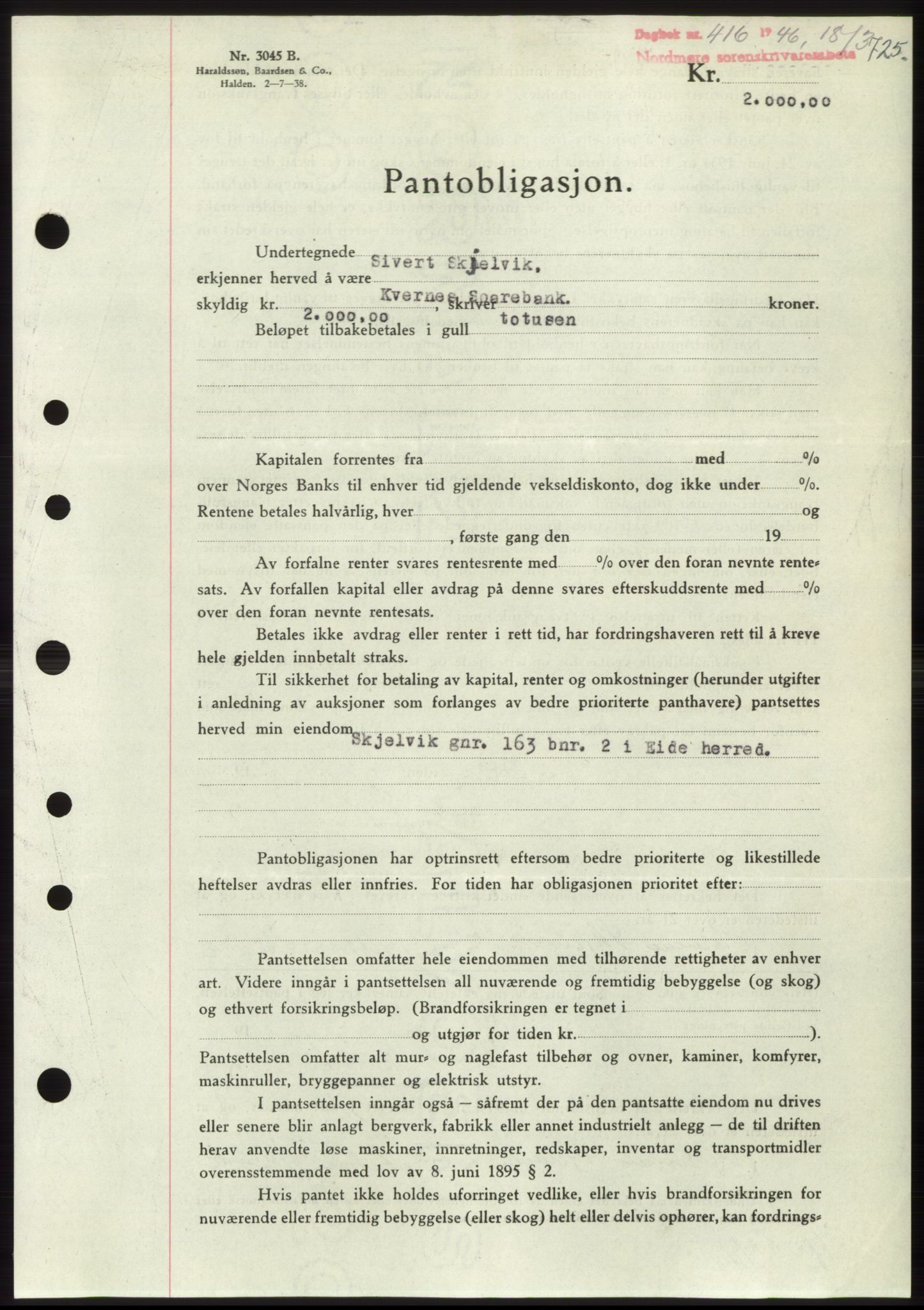 Nordmøre sorenskriveri, AV/SAT-A-4132/1/2/2Ca: Mortgage book no. B93b, 1946-1946, Diary no: : 416/1946