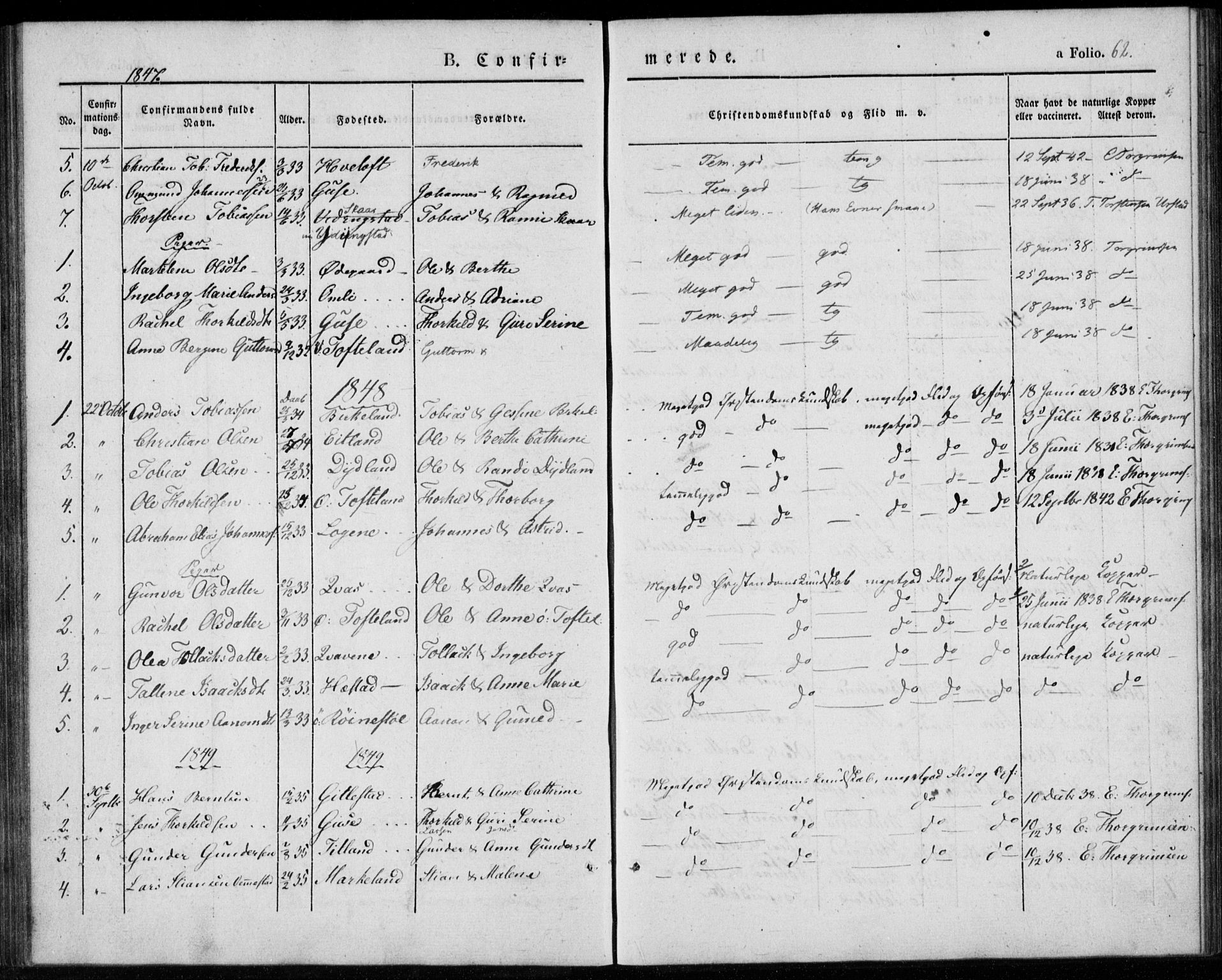 Lyngdal sokneprestkontor, AV/SAK-1111-0029/F/Fa/Fab/L0001: Parish register (official) no. A 1, 1838-1860, p. 62