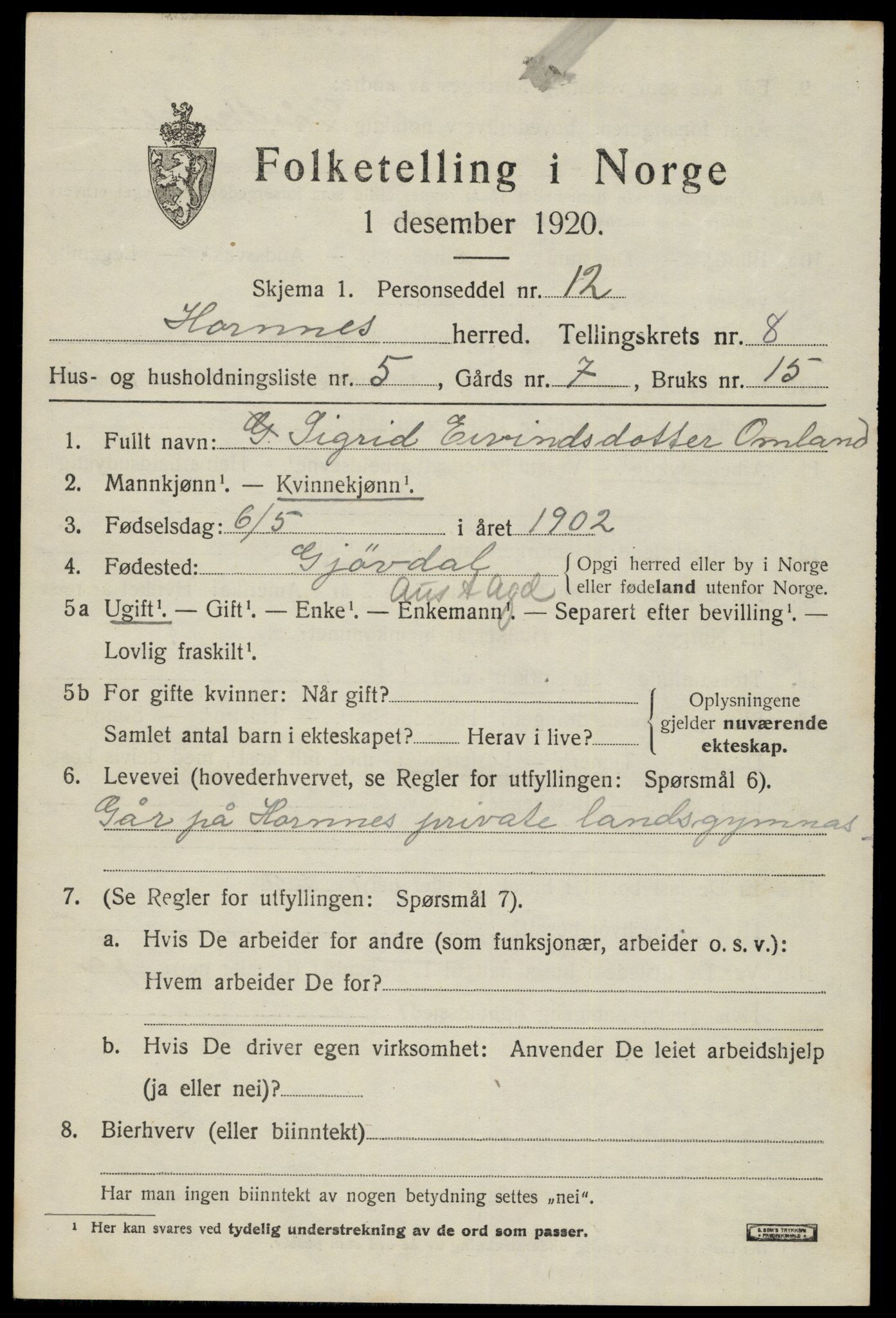 SAK, 1920 census for Hornnes, 1920, p. 1853