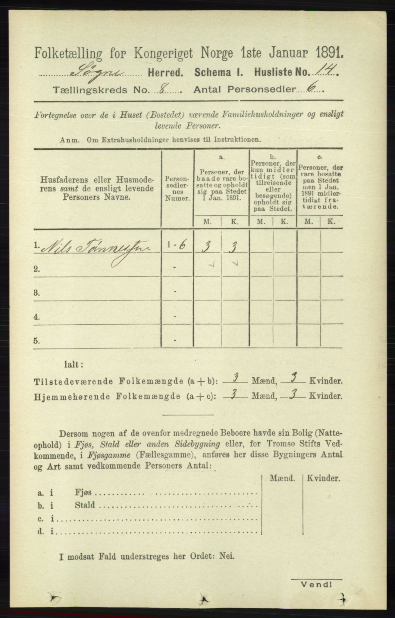 RA, 1891 census for 1018 Søgne, 1891, p. 2181